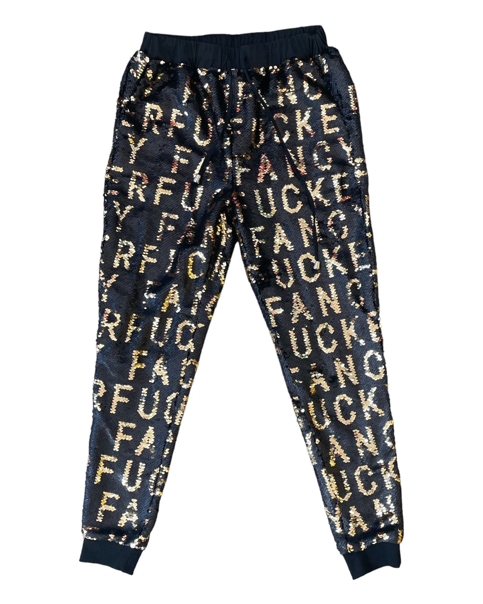 Women’s Black Any Old Iron Sequin Fancy Fucker Joggers 3Xl