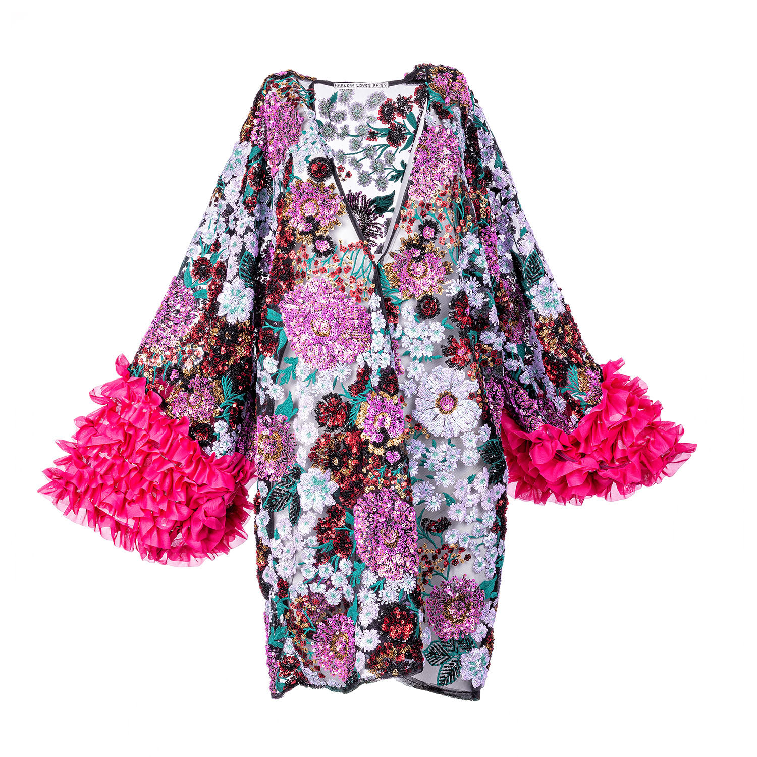 Harlow Loves Daisy Women's Joyful - Floral Sequin Jacket With Hot Pink Frills In Pink