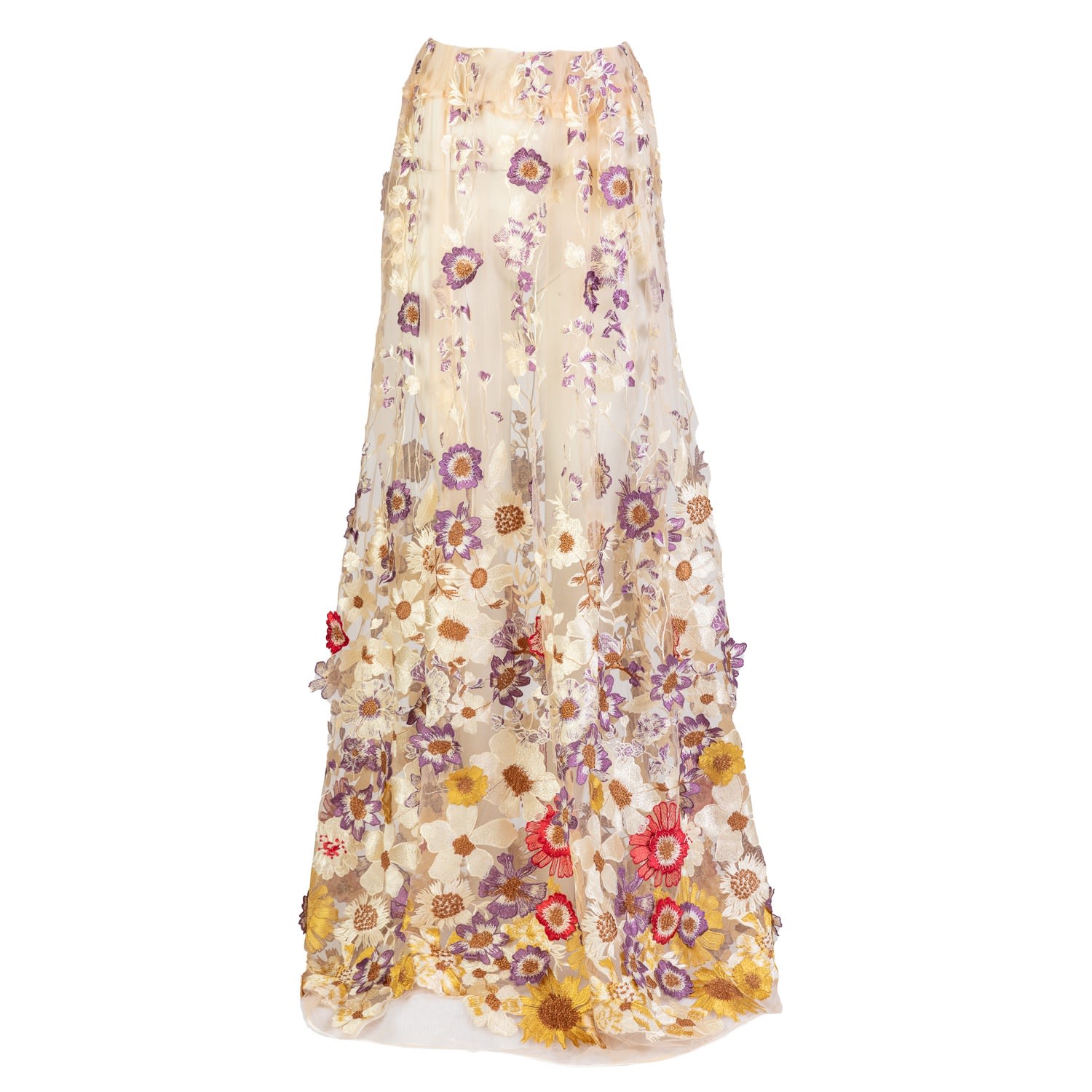 Women’s Neutrals / White / Red Celestial - Embroidered Floral Mesh Maxi Skirt Medium Harlow Loves Daisy