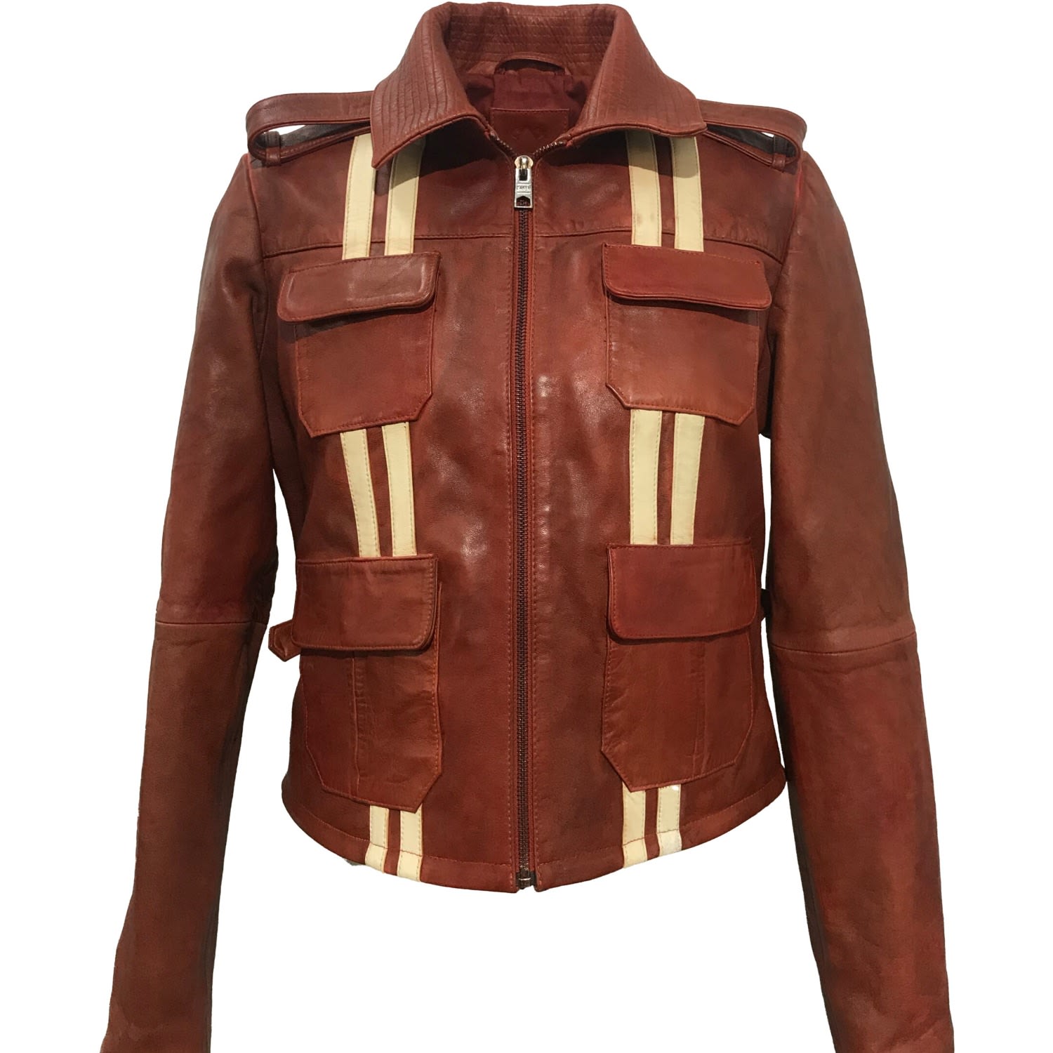 Zasta Studio Red / White Brick Women Multipocket Leather Jacket In Red/white