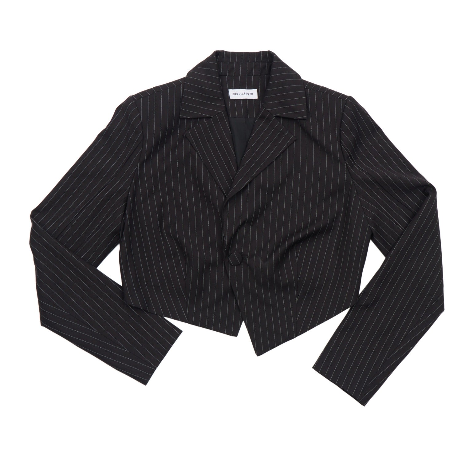 Circular Path Women's Black Crop Asymmetric Pinstripe Blazer In Black