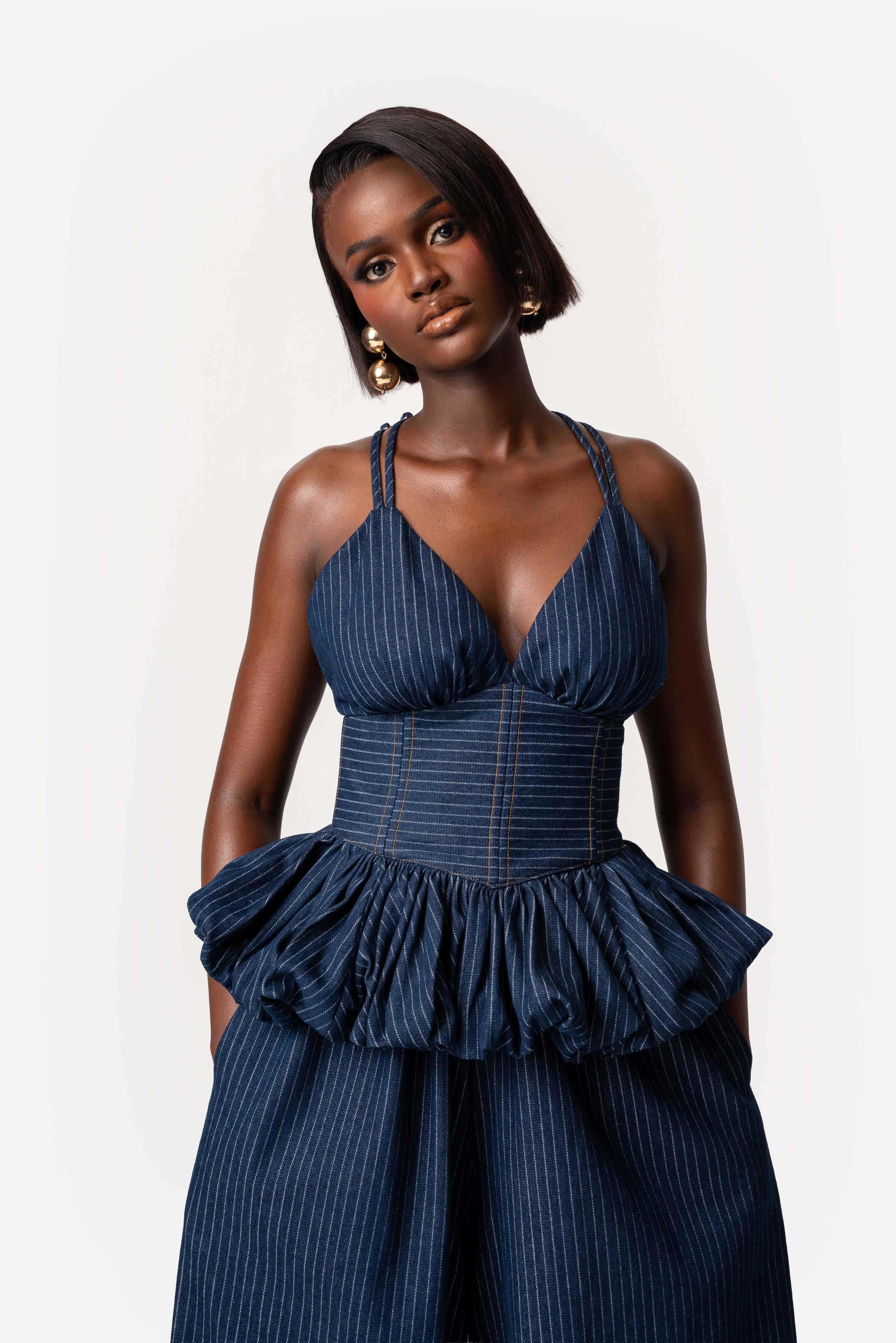 Denim Pinstripe Adele Peplum Top | OFUURE | Wolf & Badger