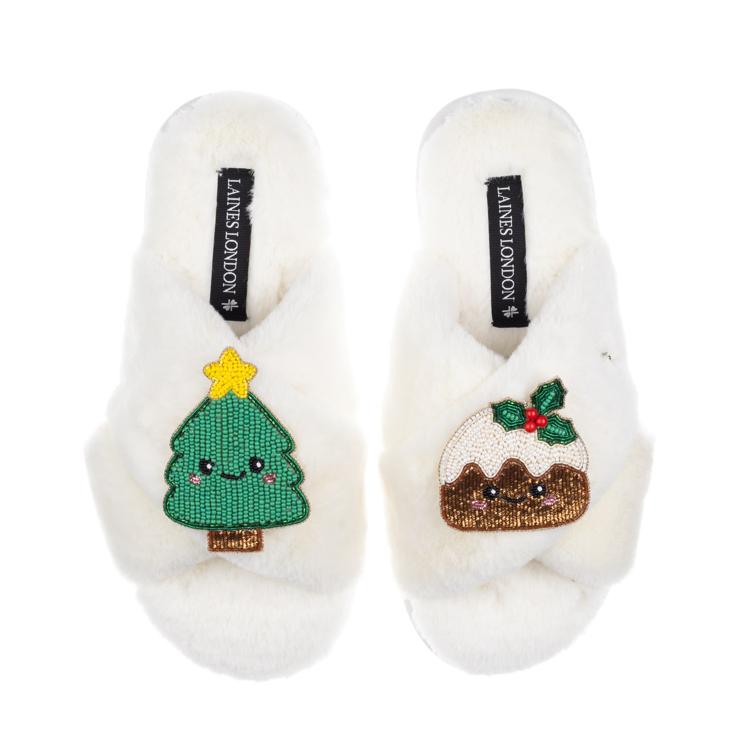 Laines London Women's Neutrals / White Classic Slippers With Christmas Laines Lovables Pudding & Tree Brooches - C In White