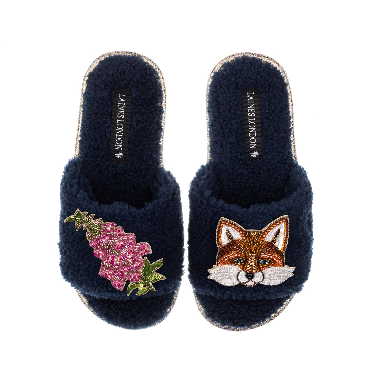 Laines London Women's Blue Teddy Toweling Slipper Sliders With Pink Foxglove Flowers & Fox Brooches - Navy In Blue