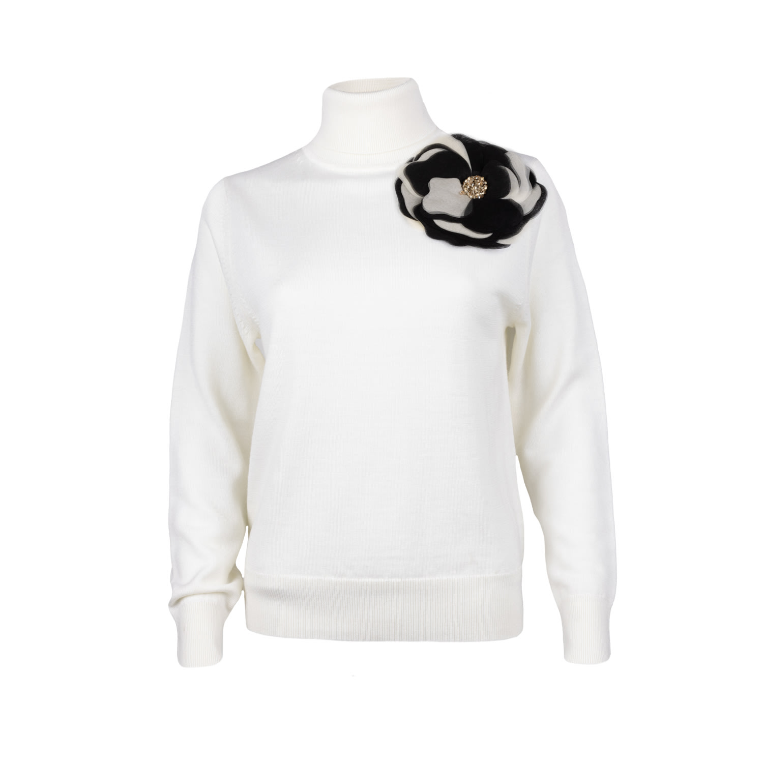 Laines London Women's White Laines Couture Embellished Black & Cream Corsage Knitted Roll Neck Jumper - Cream In White