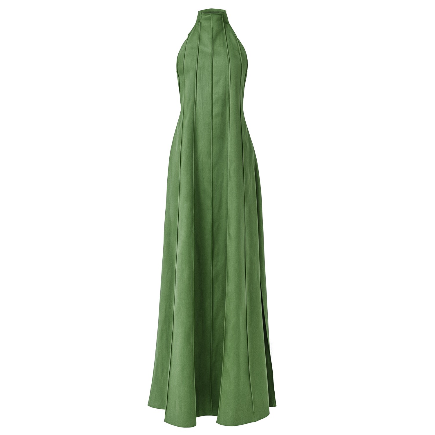 Kargede Women's Olive Green Linen Maxi Dress – Pleated Designer Halter Gown