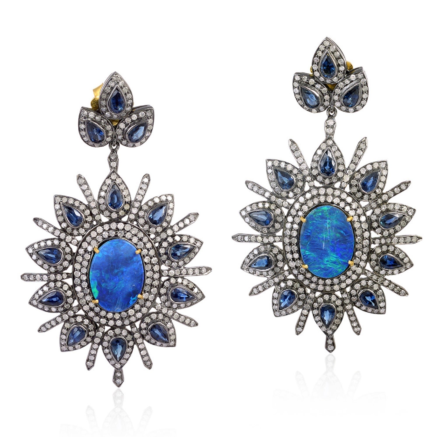 Women’s Silver / Gold / Blue Genuine Diamond 18K Gold Blue Sapphire Opal Doublet Dangle Earrings 925 Sterling Silver Jewelry Artisan