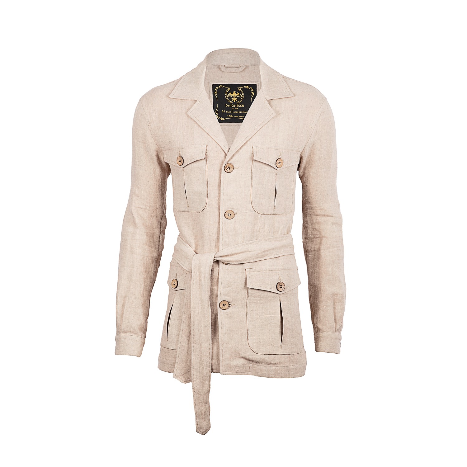 Hemp Safari Jacket - Men Cargo Travelling Coat - Beige by De IONESCU Est.  2019