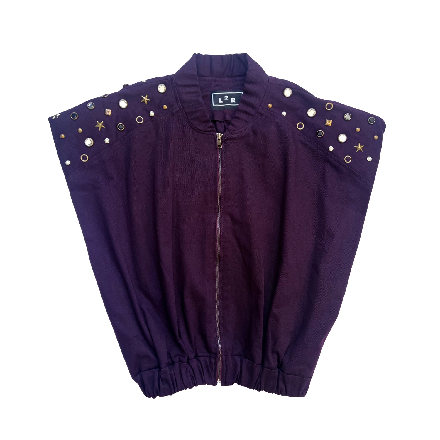 Women's Red Studded Sleeveless Bomber Jacket In Burgundy | One Size | L2R the Label