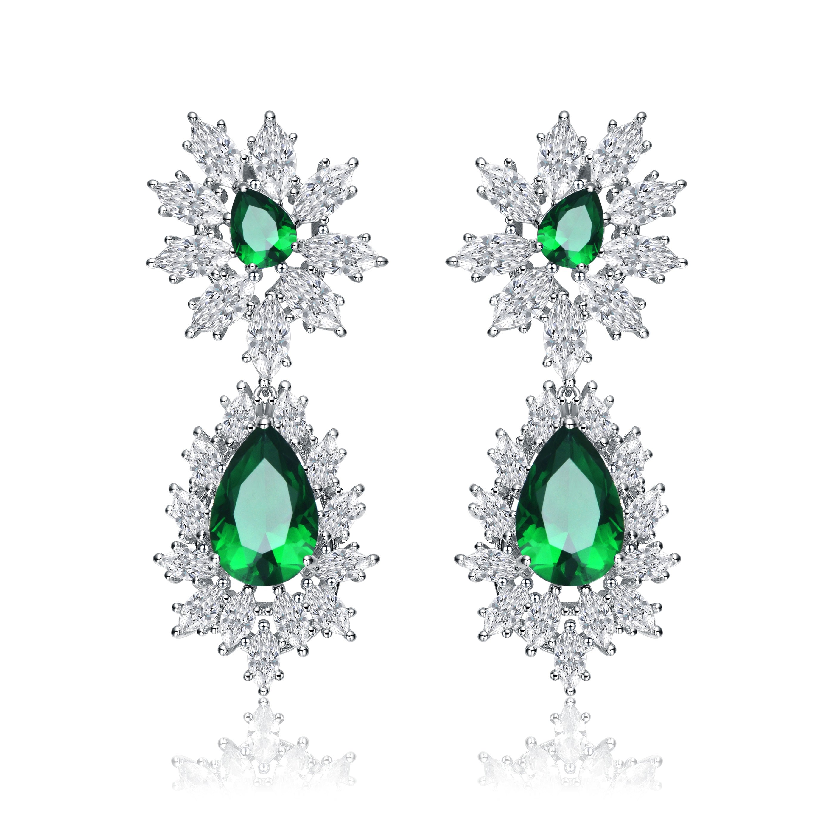 Women’s Silver / Green / White Sterling Silver With White Gold Plated Cubic Zirconia Drop Earrings Genevive Jewelry