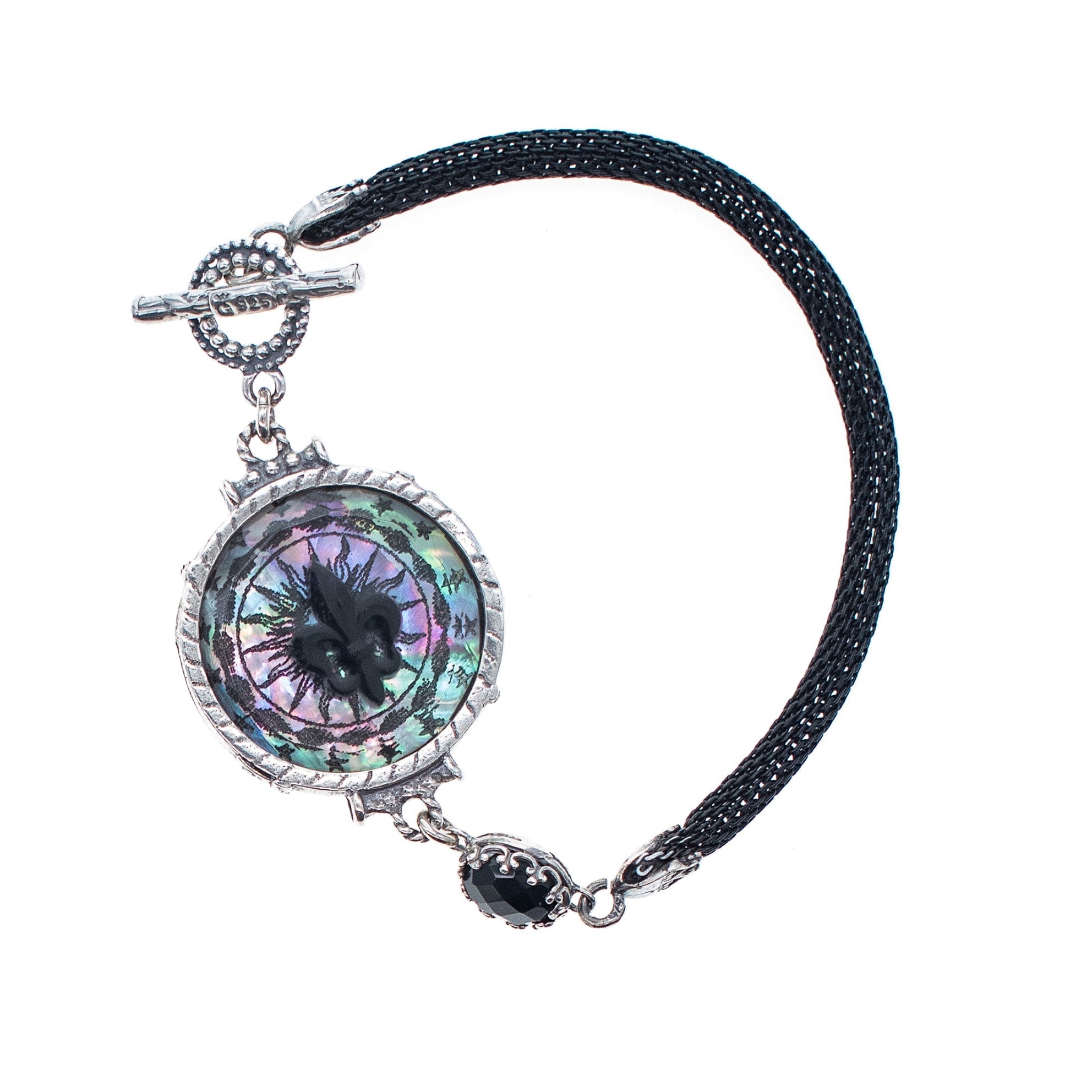Women's Black / Silver Fleur-De-Lis Resin Black Mesh Bracelet | Gem Kingdom
