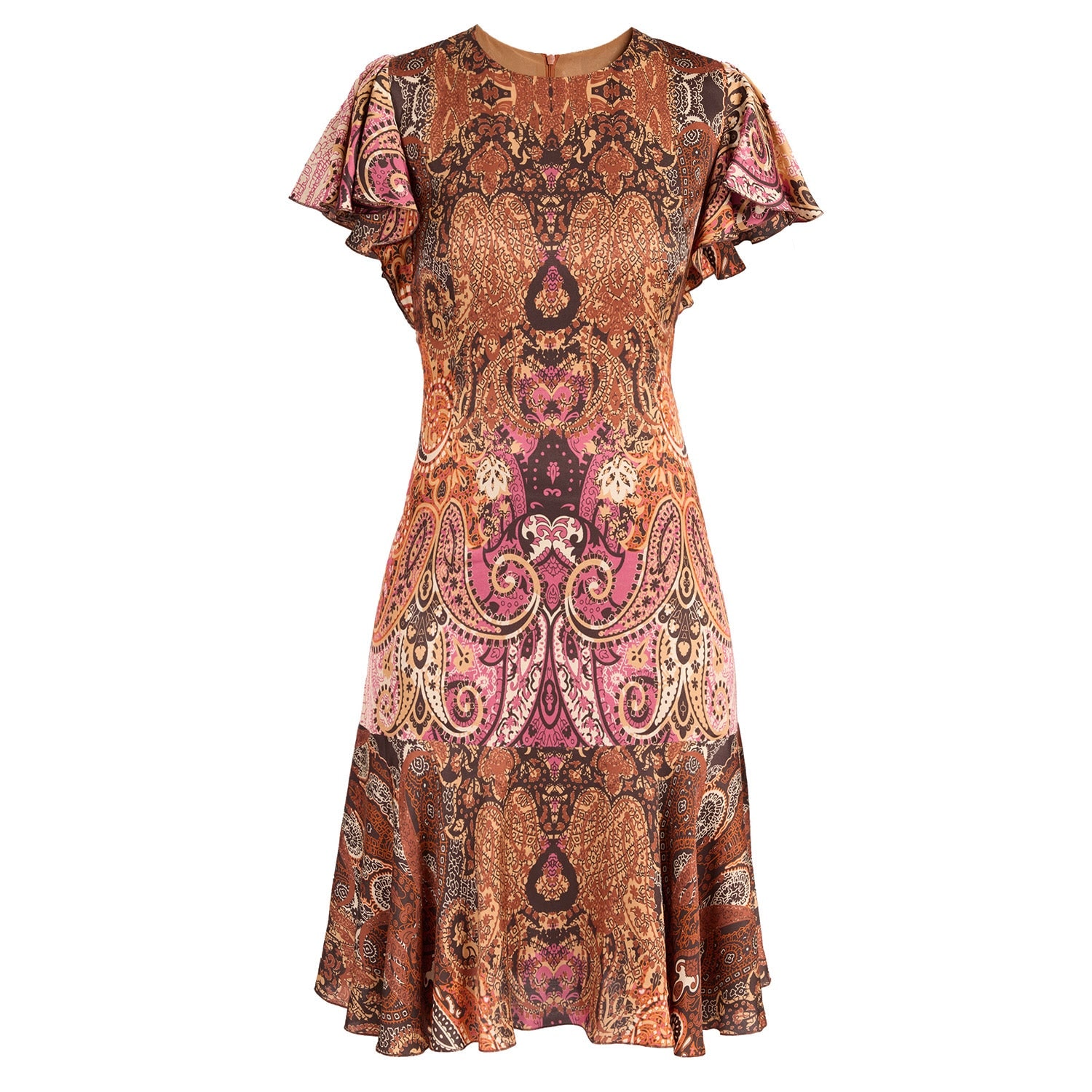 Santorelli Grazia Flutter Sleeve Sheath Dress In Printed Charmeuse In Brown