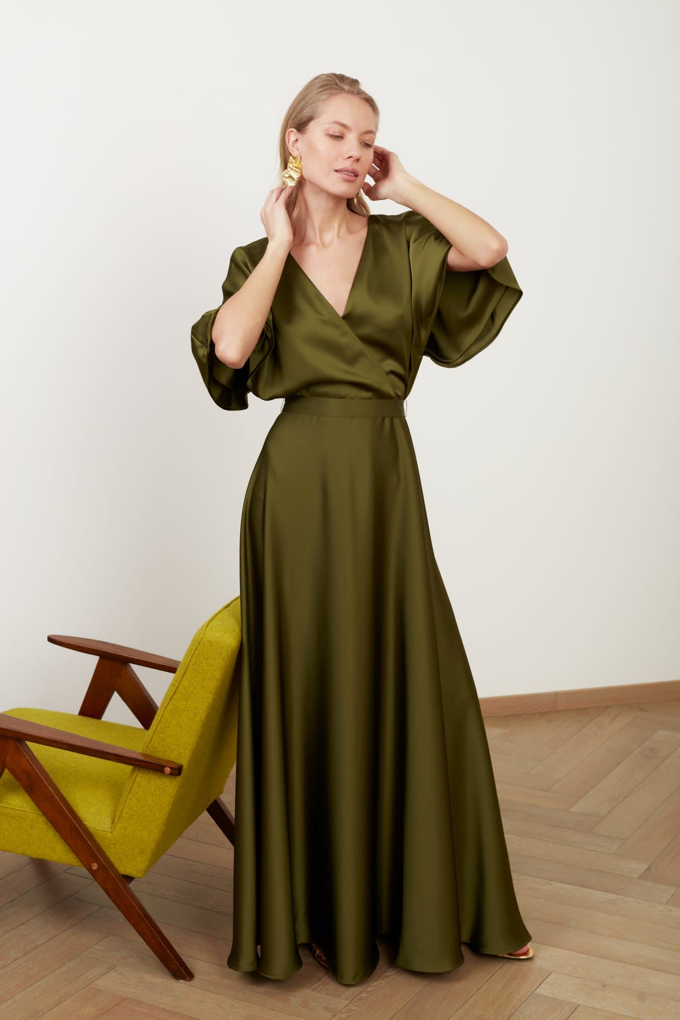 Solene Olive Green Satin Long Dress For Wedding Guest by UNDRESS