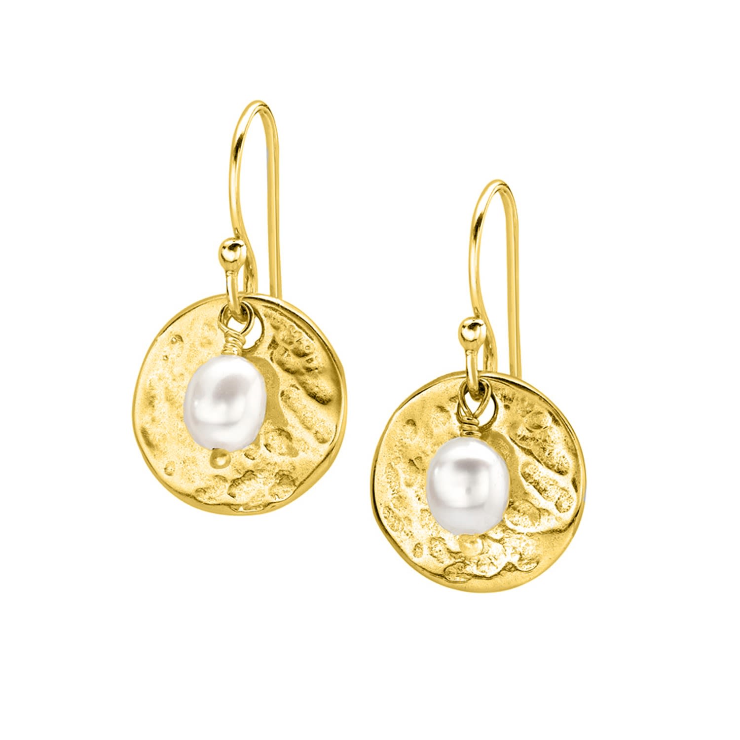 Women’s Yellow Gold Vermeil Hammered Disc White Pearl Drop Earrings Dower & Hall