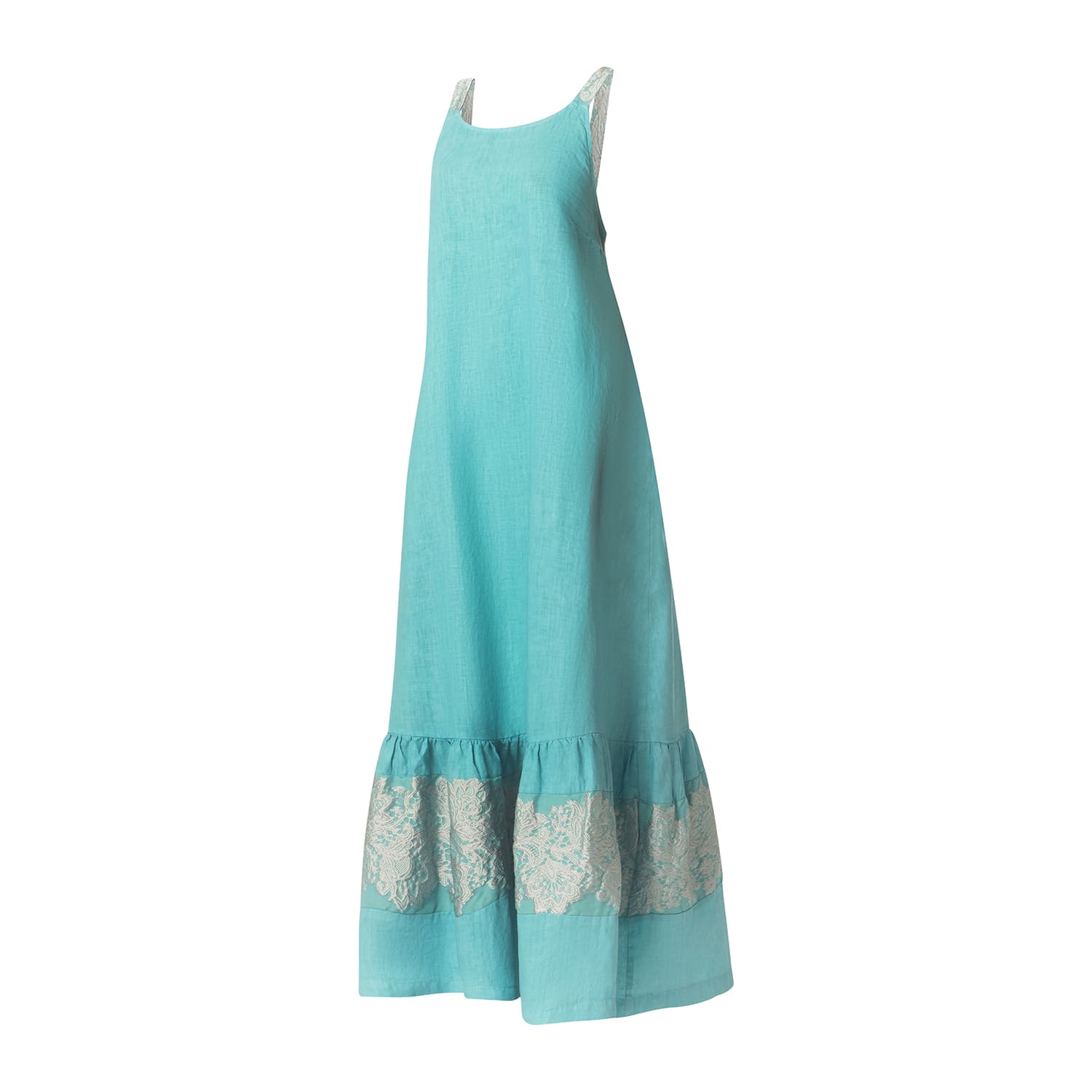 Haris Cotton Women's Maxi Linen Dress With Cotton Embroidered Straps And Hem Crystal Blue-silver In Blue