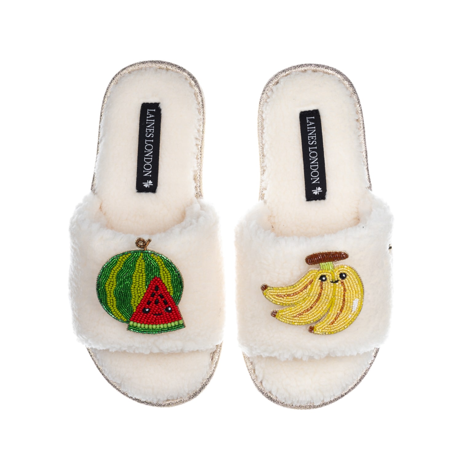 Laines London Women's White Teddy Slider Slippers With Laines Loveables Watermelon & Banana Brooches - Cream In White