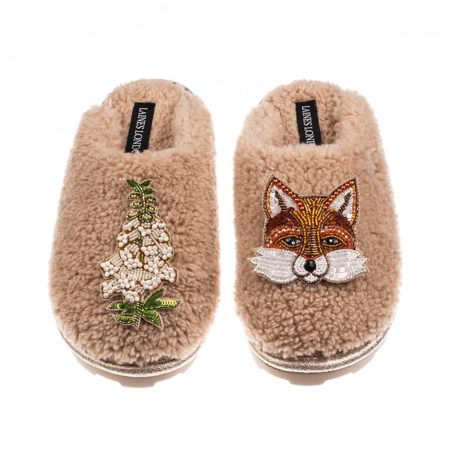 Laines London Women's Brown / Neutrals Teddy Closed Toe Slippers With Fox & White Foxglove Brooches - Toffee In Brown