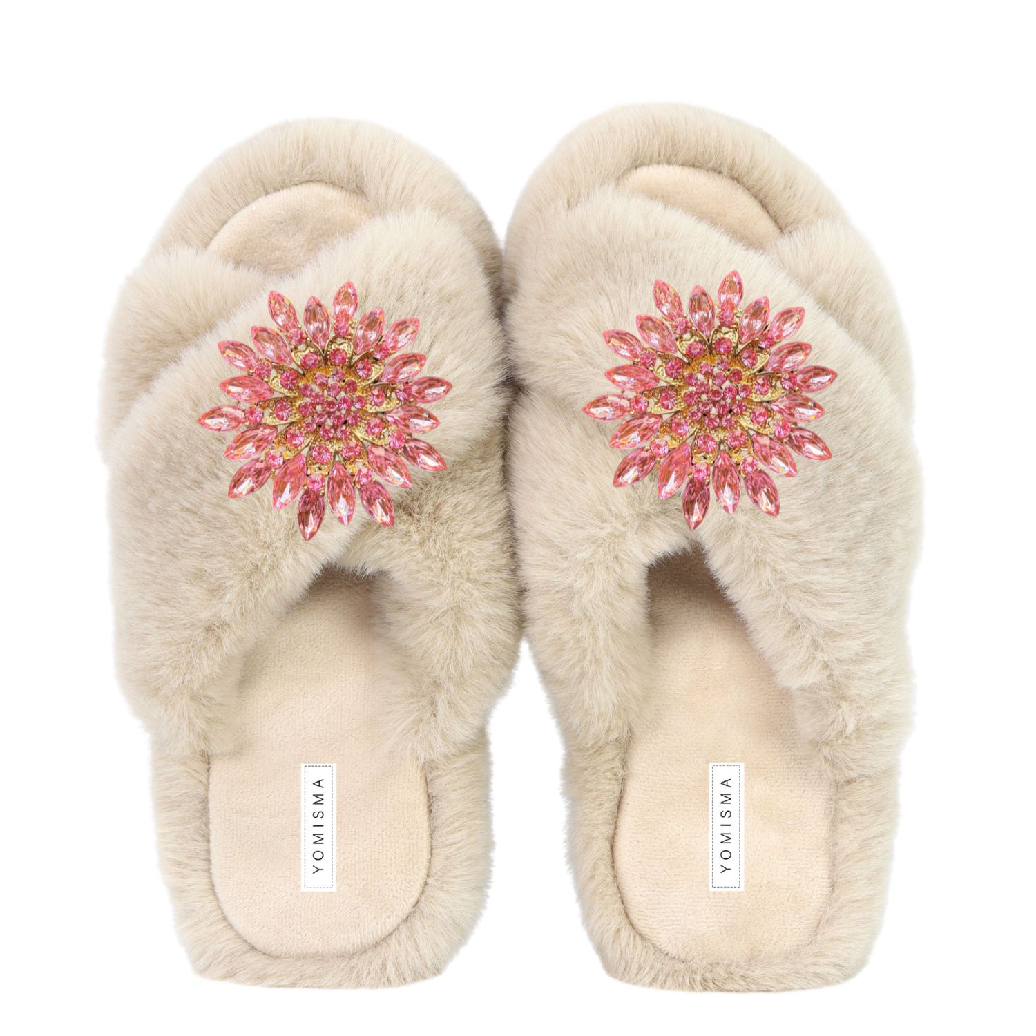 Yomisma Women's Faux Fur Slippers - Global Recycled Standard Certified With Light Pink Jewel Embellishments In Beige/pink