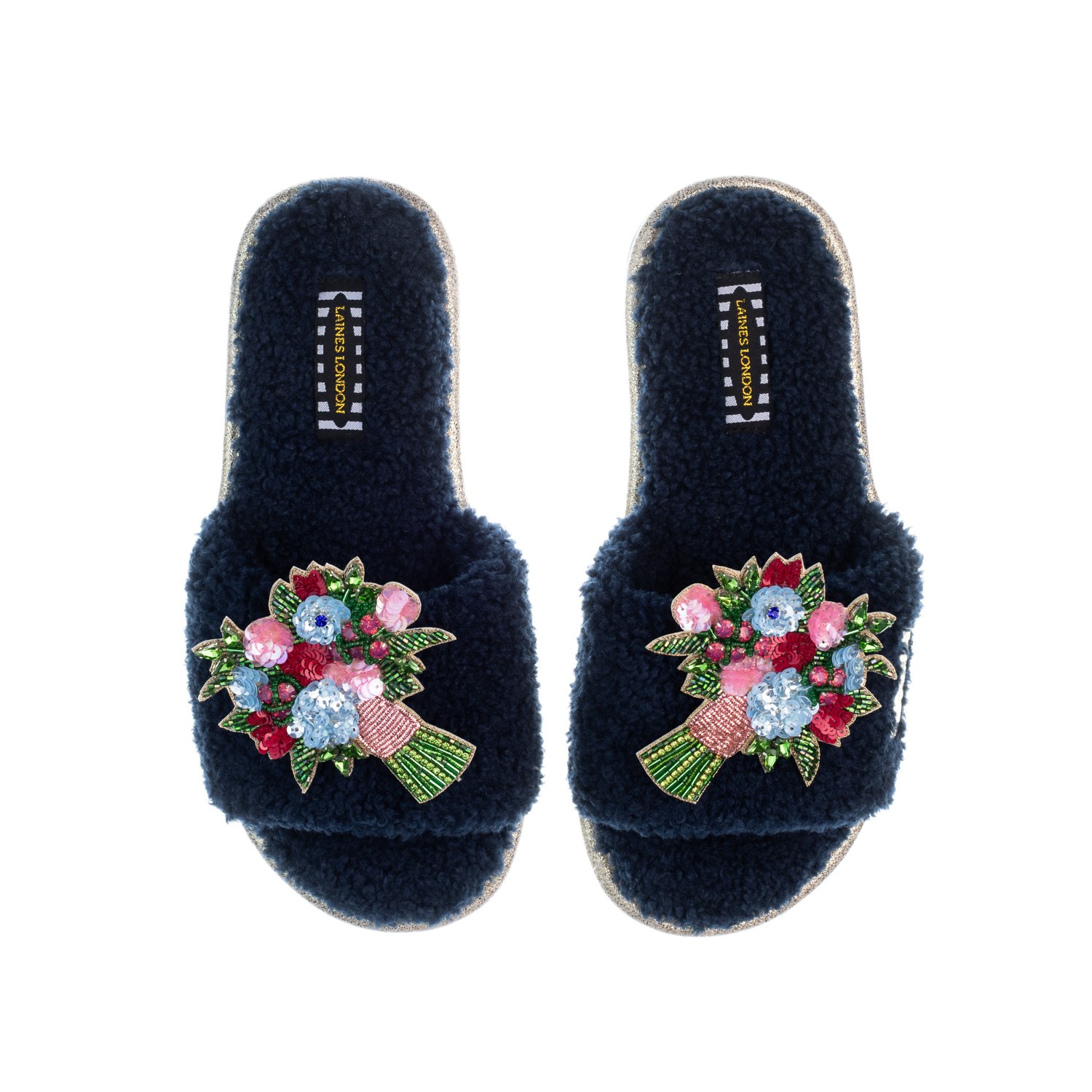 Women’s Blue Teddy Toweling Slipper Sliders With Double Flower Bouquet Brooches - Navy Small Laines London