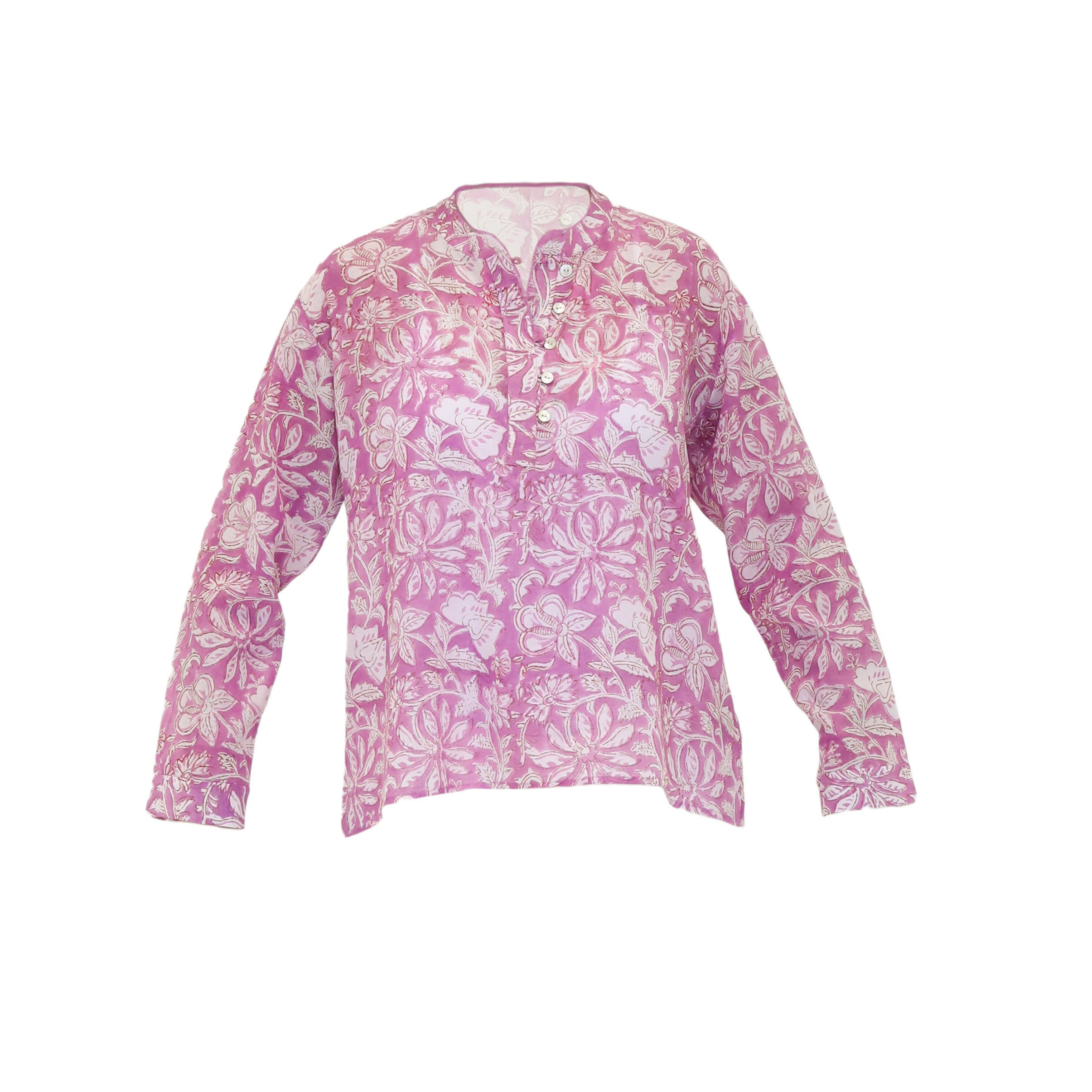 Tiger And The Monkey Women's Pink / Purple / White The Heather Hand Blockprint Cotton Band Collar Relaxed Shirt