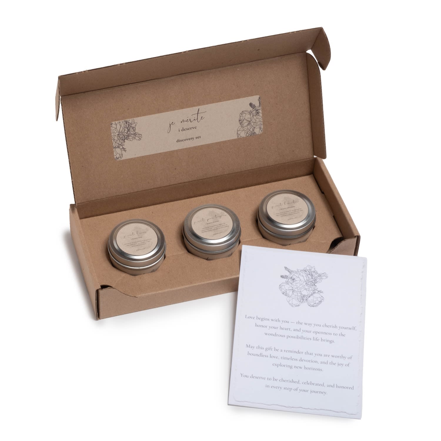 Je Mérite (i Deserve) White I Deserve Love, Forever, & Adventure 2 oz Travel Candle Discovery Set