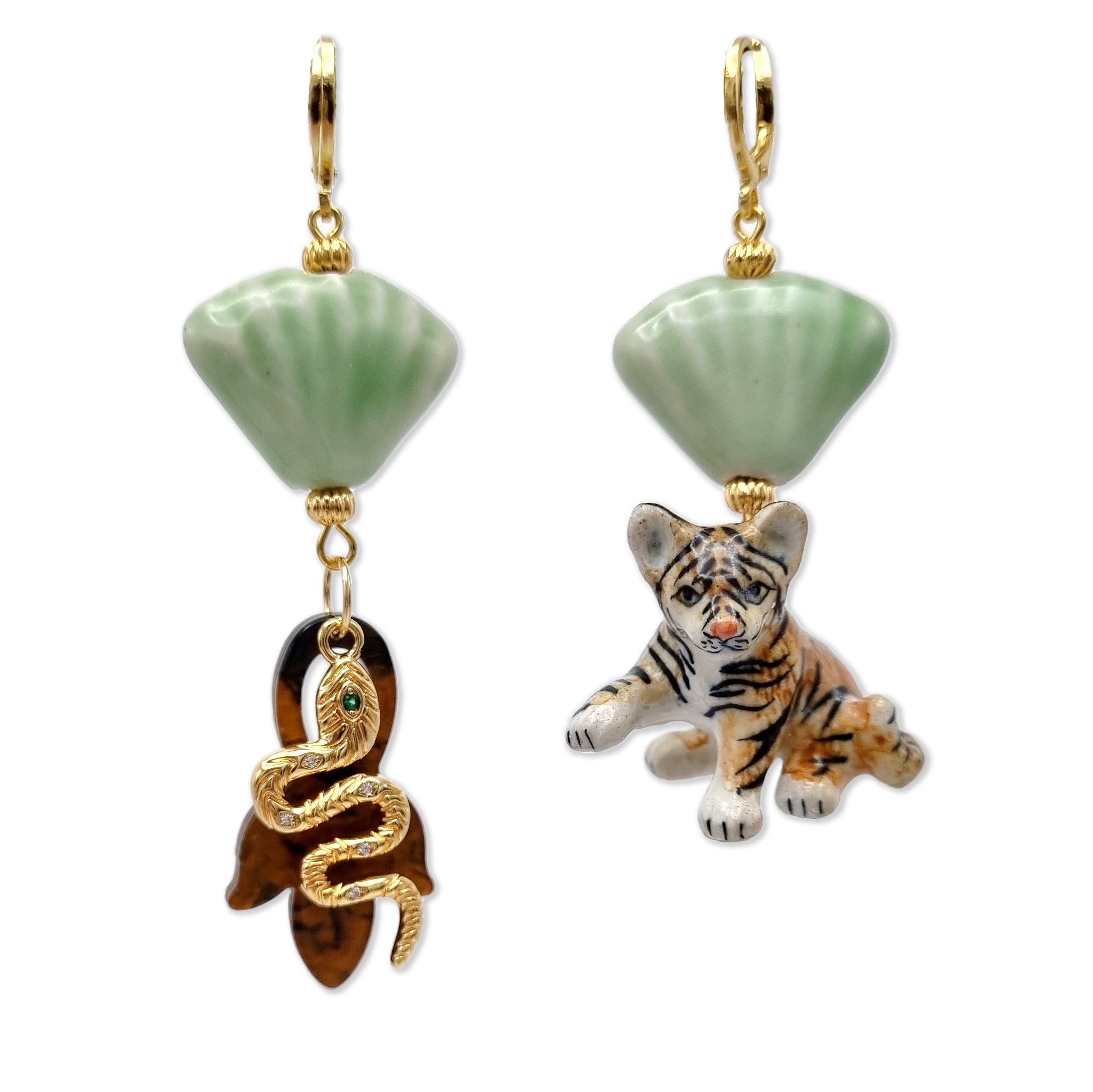 Midnight Foxes Studio Women's Brown / Gold / Green Baby Tiger & Snake Gold Earrings In Multi