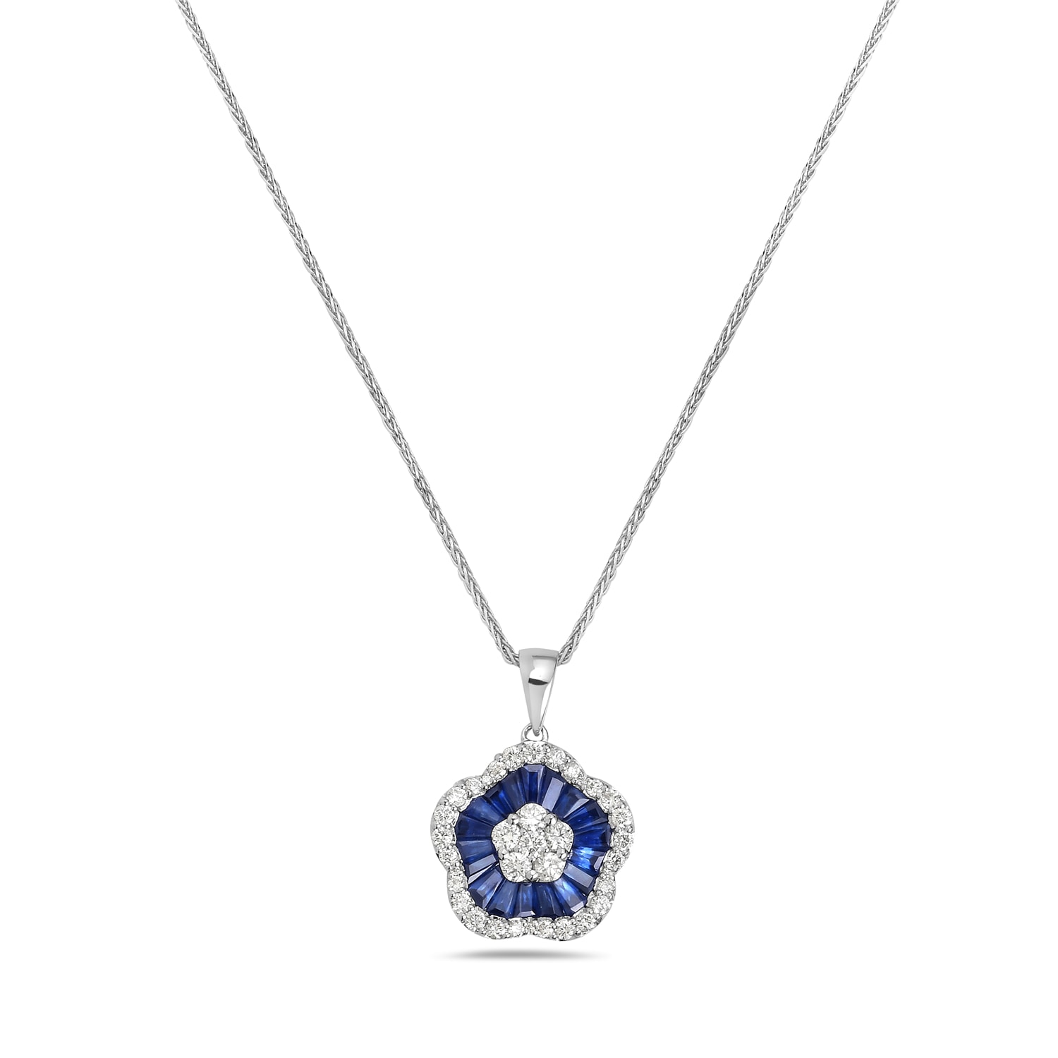 Women’s Blue / White Blue Sapphire Gemstone & Natural Diamond Solid 18K White Gold Clover Shape Pendant Artisan