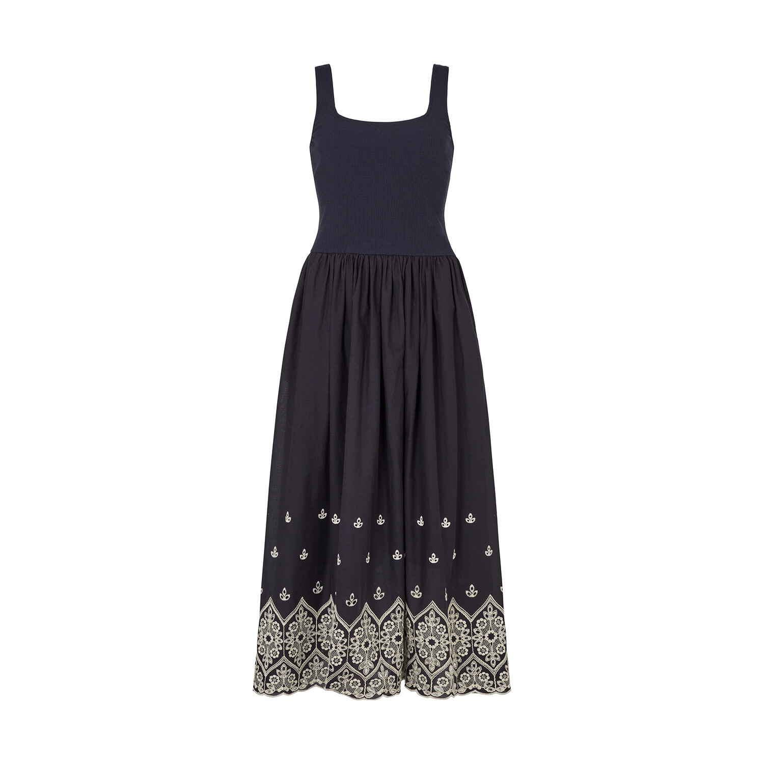 Lily And Lionel Cora Sleeveless Jersey Bodice Embroidered Midi Dress In Blue