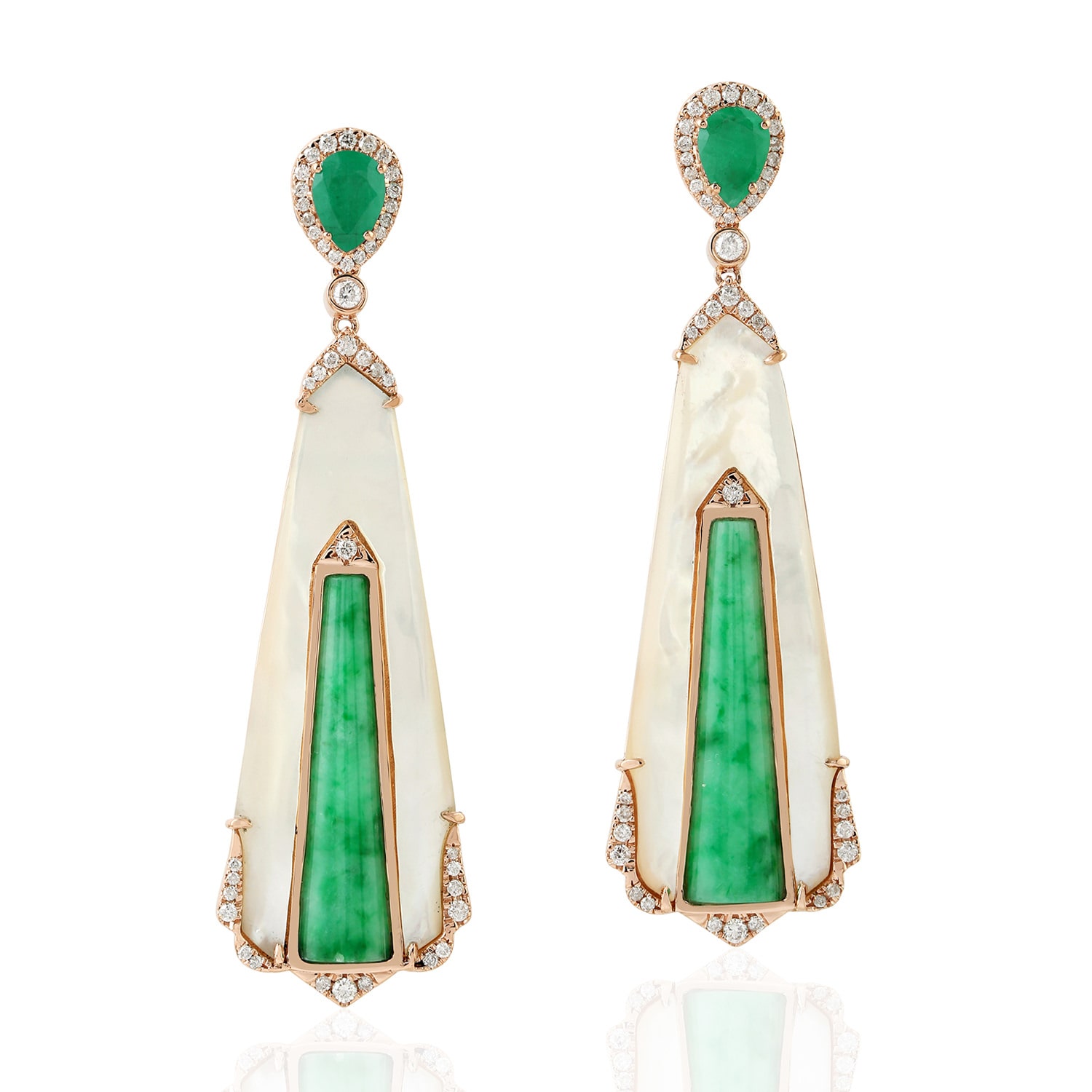 Artisan Women's Mop & Jade Pear Cut Emerald Pave Dangle Dangle Earrings In Rose Gold