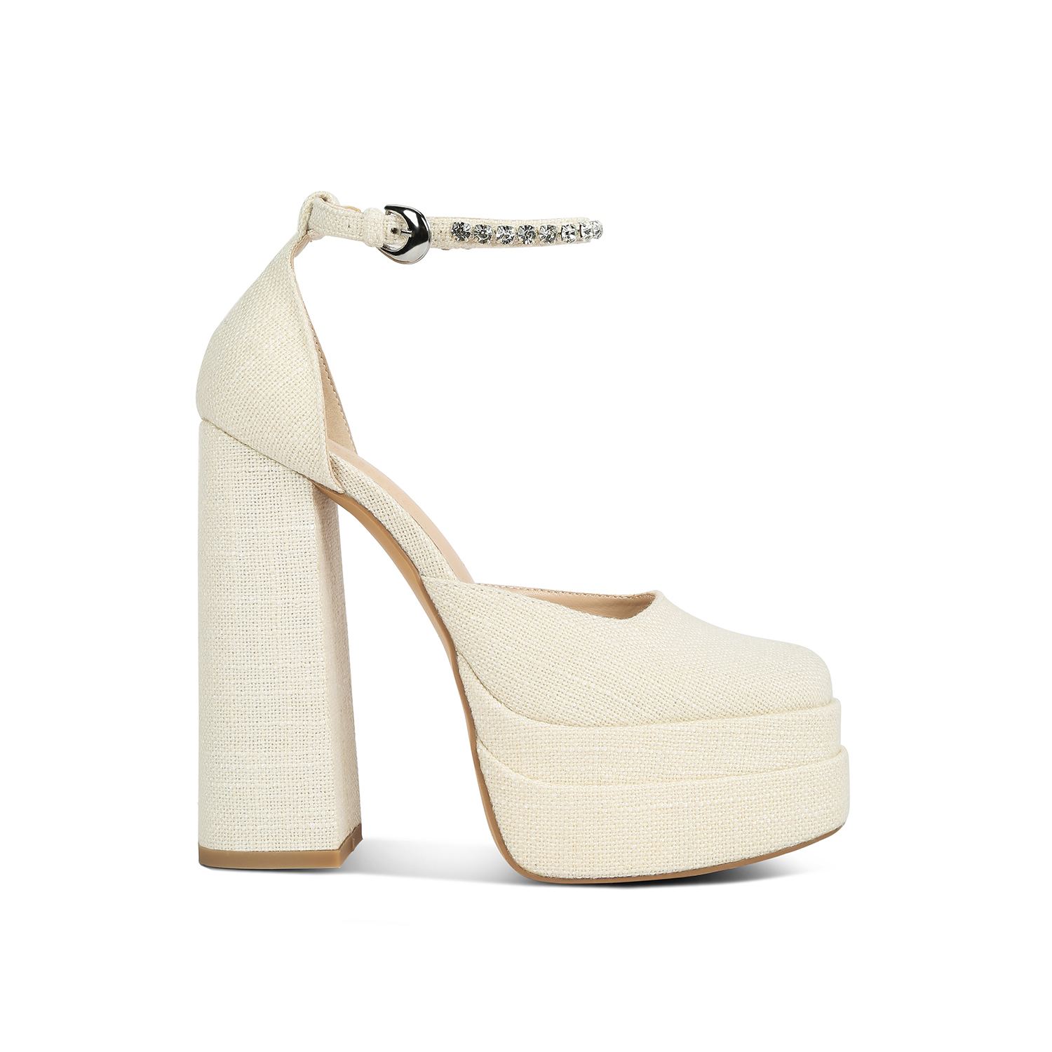 Rag & Co Women's Cosette Diamante Embellished Ankle Strap High Block Heel Sandals In Off White By  In Neutral