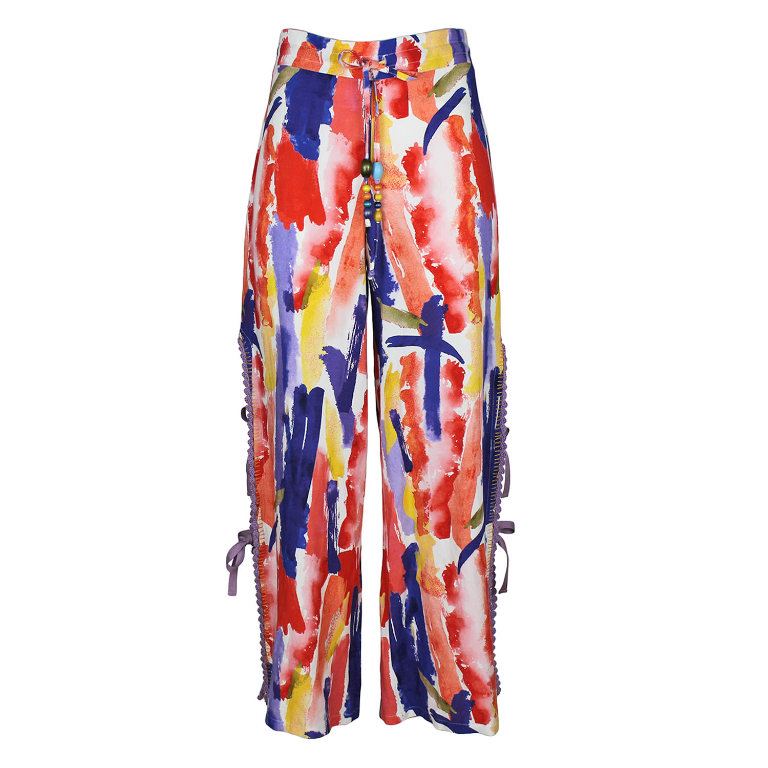 Lalipop Design Women's Abstract Print Wide-leg Linen Pants With Hand-embroidered Detail