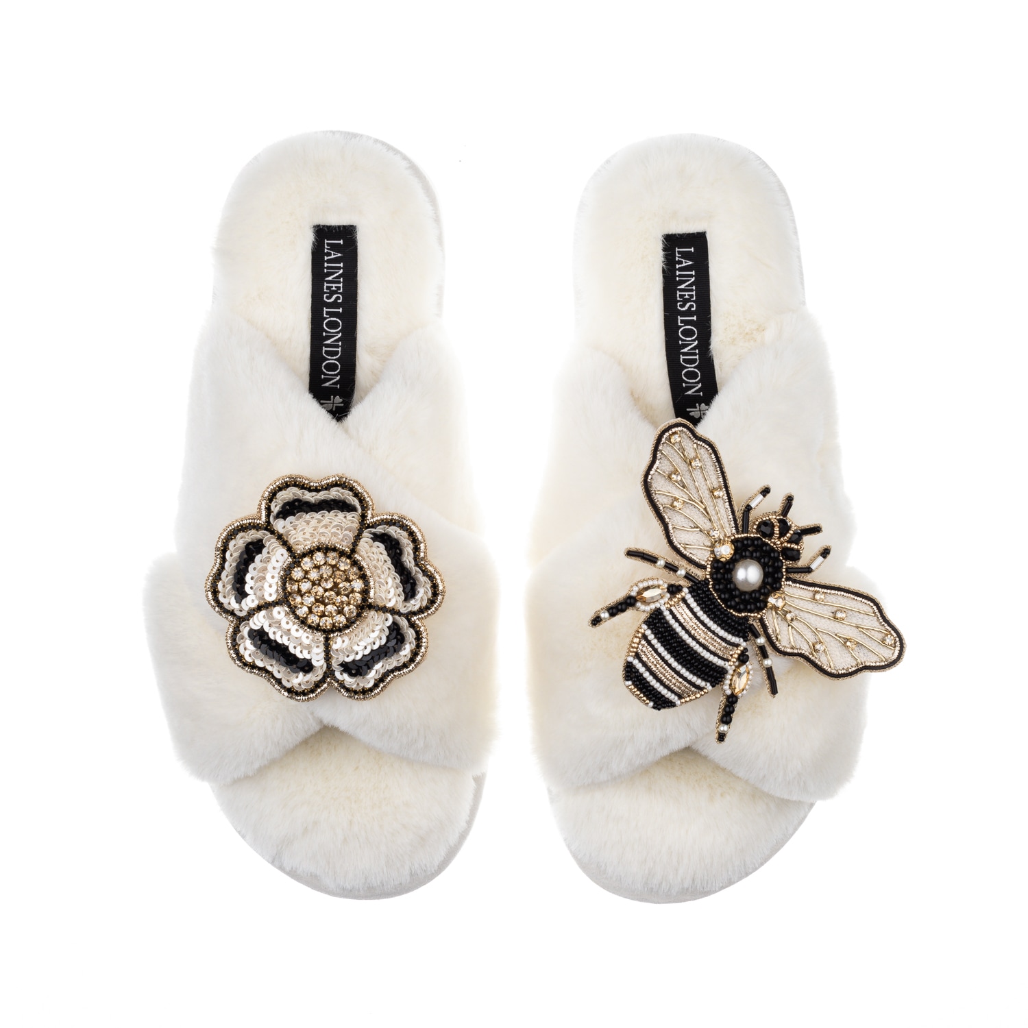 Laines London Women's White Classic Laines Slippers With Bee & Flower Brooches - Cream