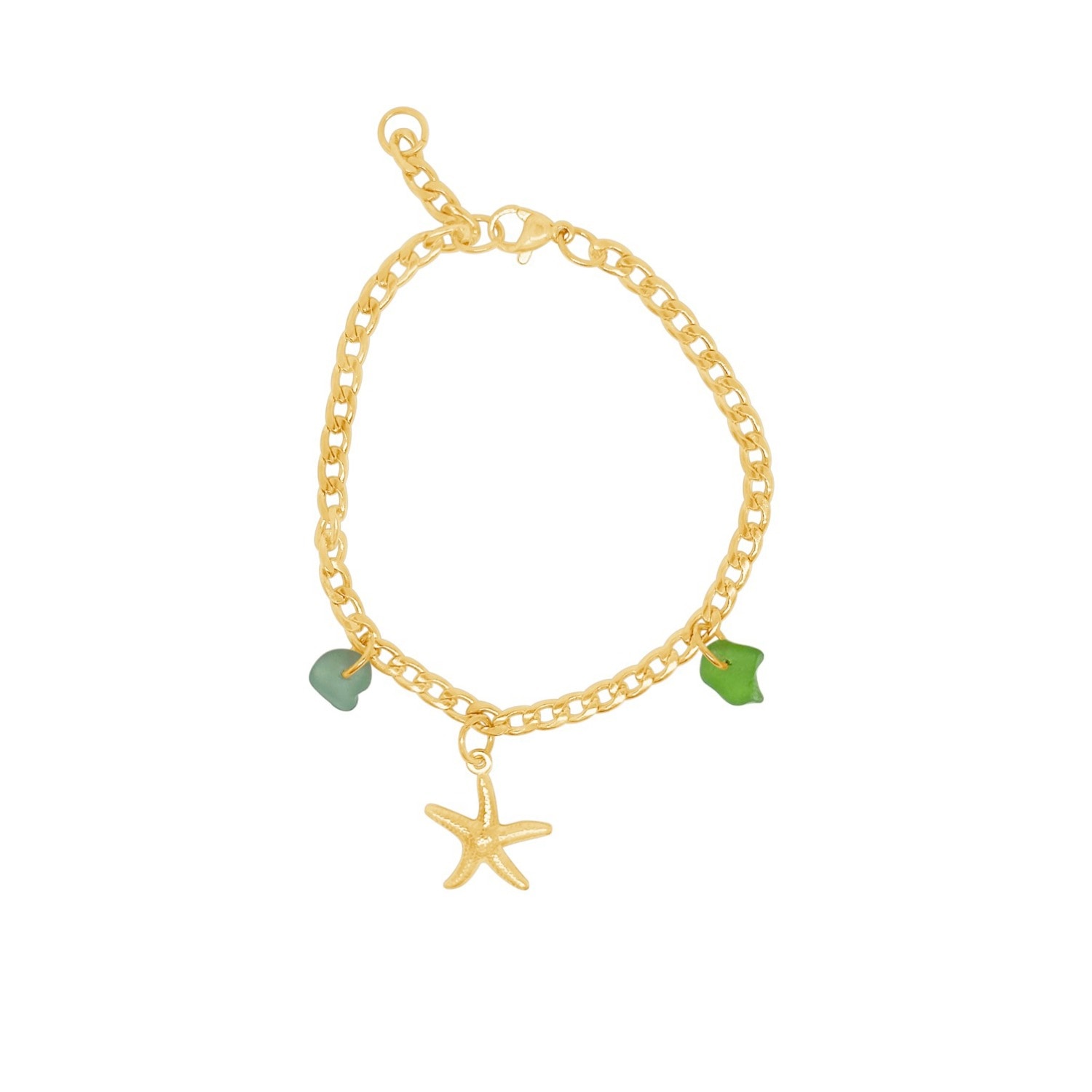 Glasstyk Women's Starfish Bracelet With Green Sea Glass In Gold In Green