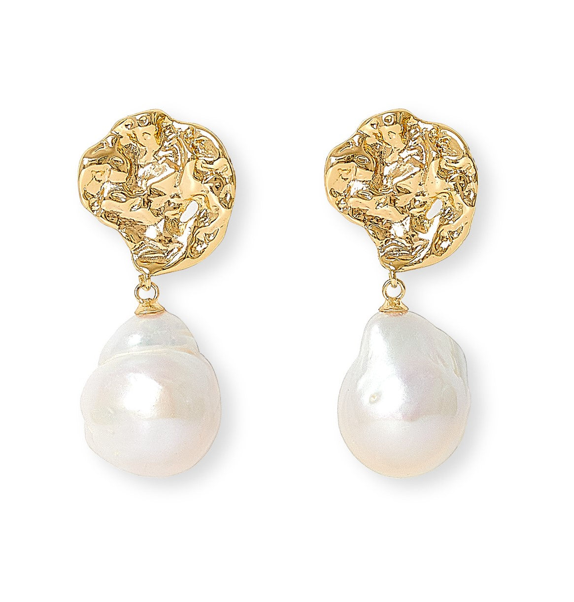 Women’s White / Gold Decus Molten Gold Stud Earrings With Large Baroque Cultured Freshwater Pearl Drop Earrings Pearls of the Orient Online