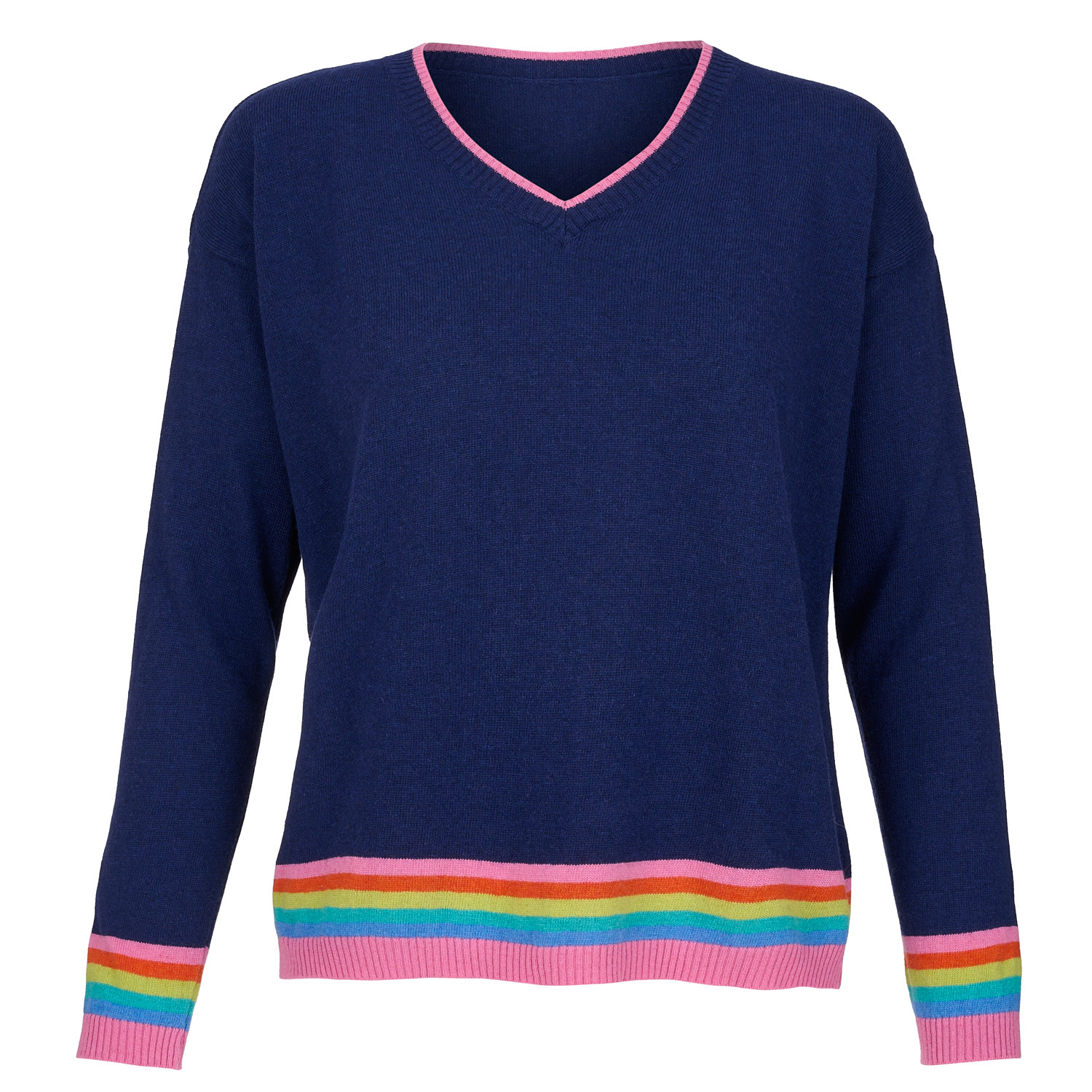 At Last... Women's Blue Cashmere Mix Sweater In Navy With Rainbow Stripe Hem & Cuffs In Blue