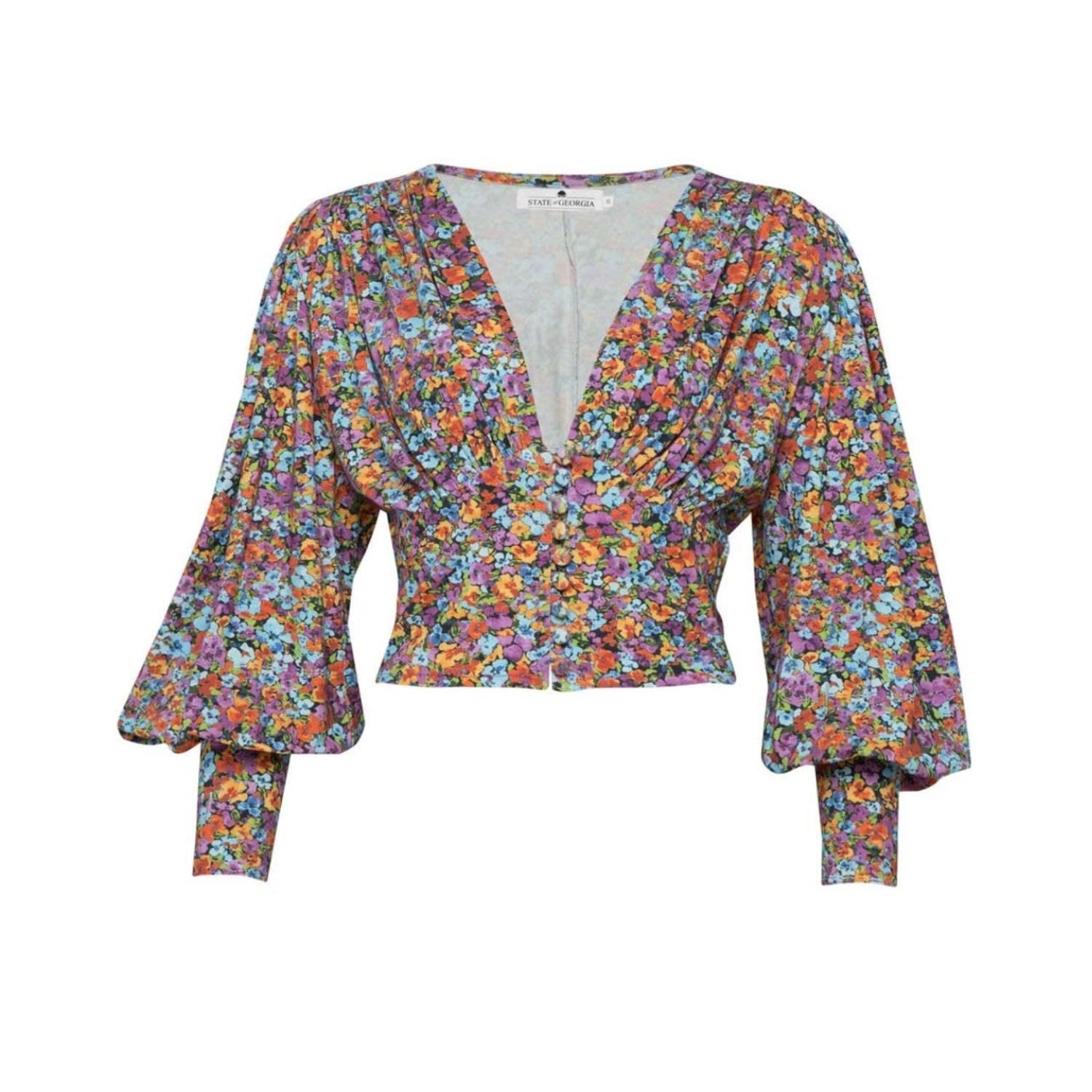 State Of Georgia Women's Red Bowie Button Up Top Floral Explosion Raspberry In Red