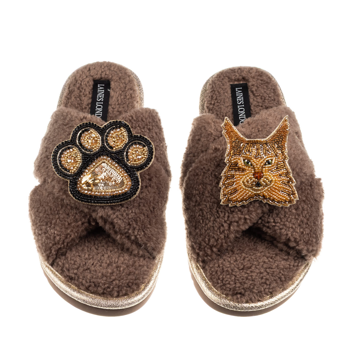 Laines London Women's Brown / Neutrals Boucle Slippers With Paw & Ginger Maine Coon Cat Brooches - Mink In Blue