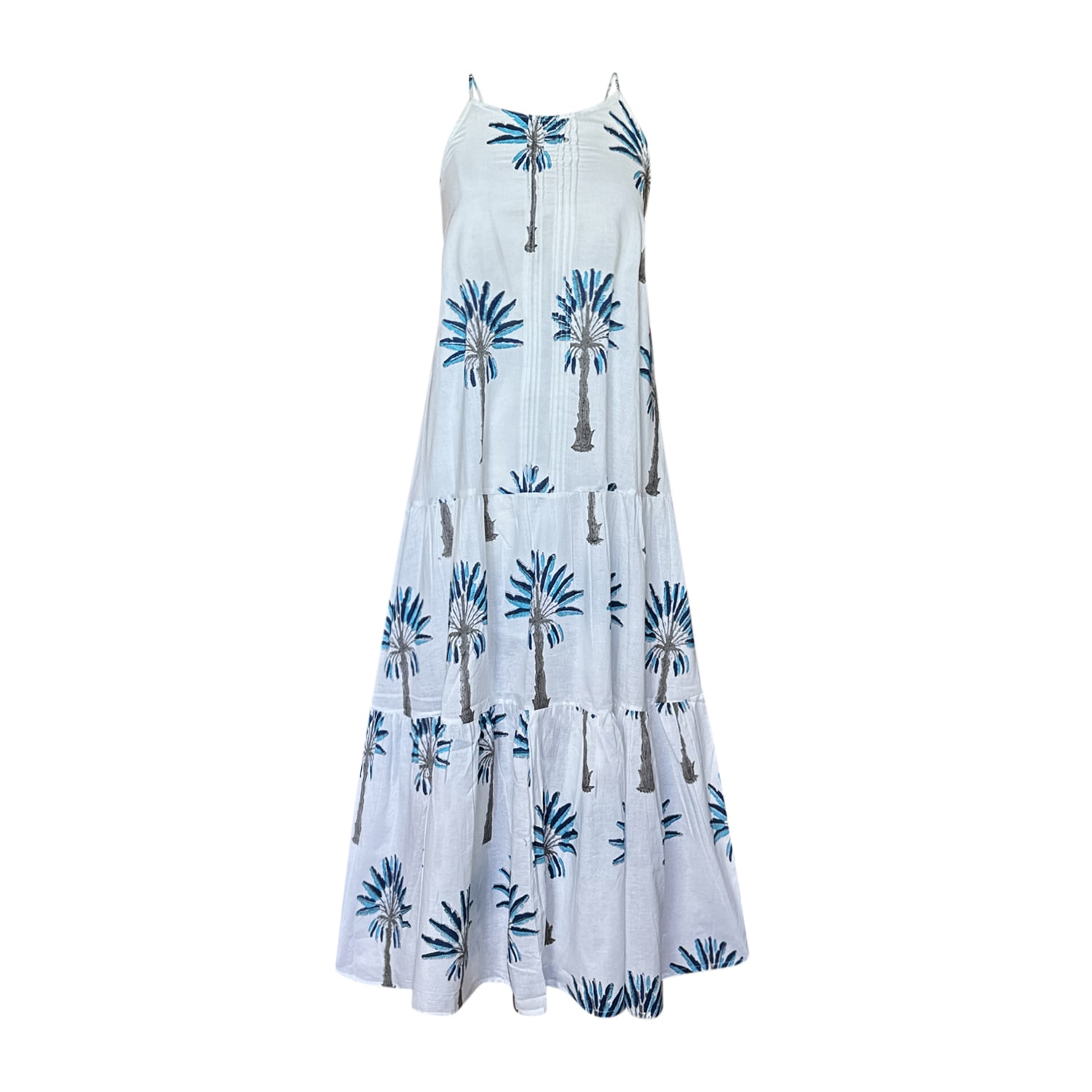 Pick Happy Women's Pintuck Maxi Blue Palm Tree White Cotton Dress In White