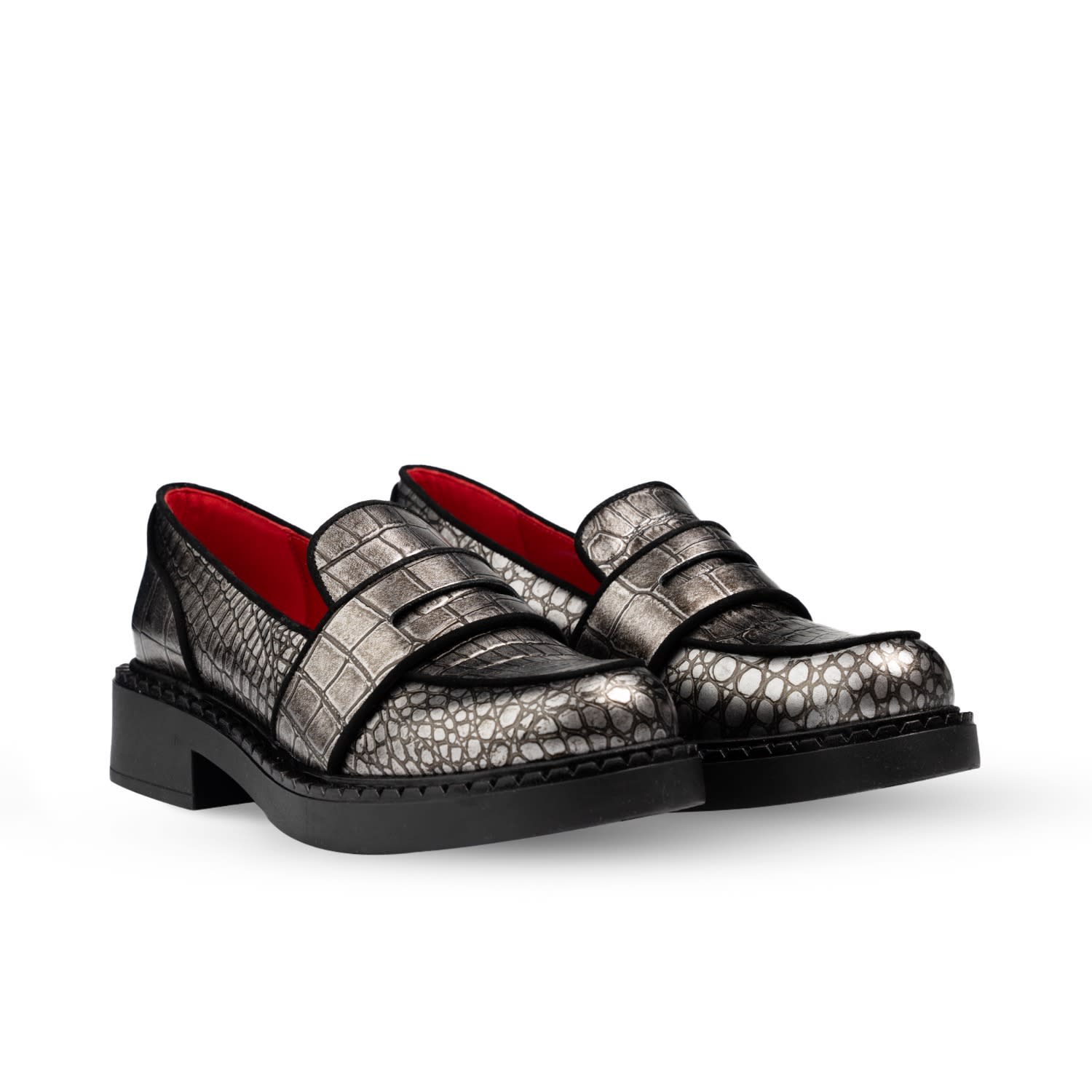 Rosamund Muir London Women's Black / Silver Stratford Metallic Pewter Crocodile Print Loafers In Multi