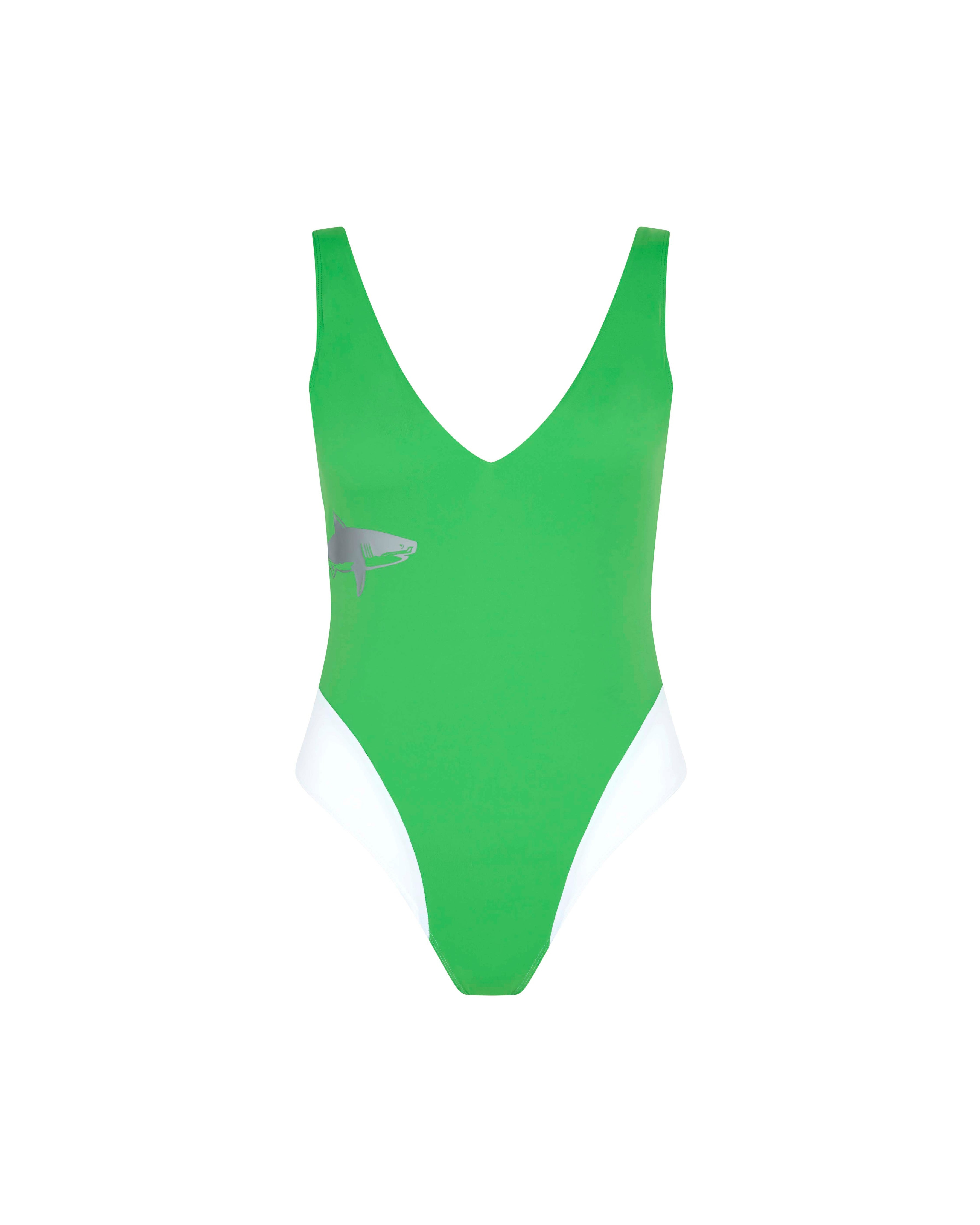 Let's Swim Plunging V-neck Shark-print Swimsuit In Green