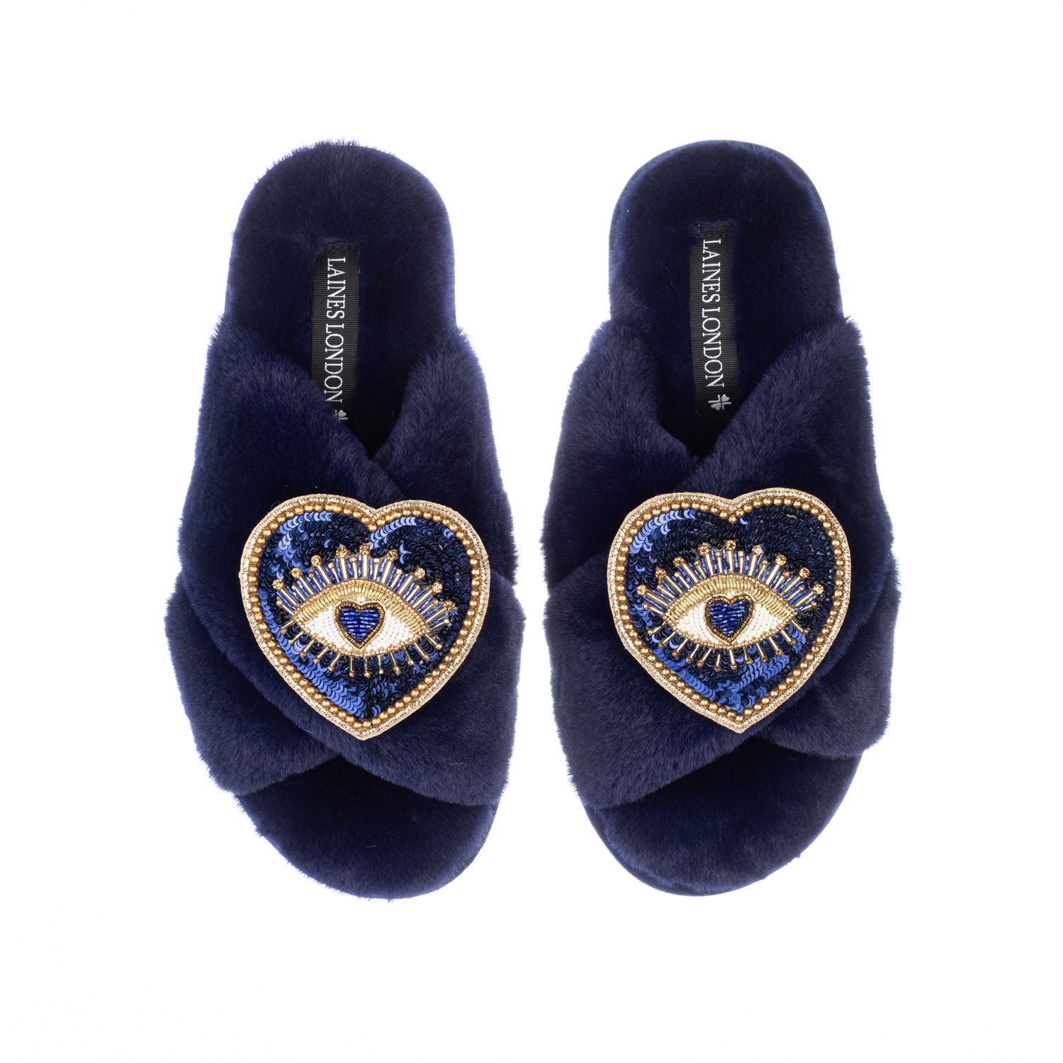 Women's Classic Laines Slippers With Double Blue Heart Eye Brooches - Navy | Large | Laines London