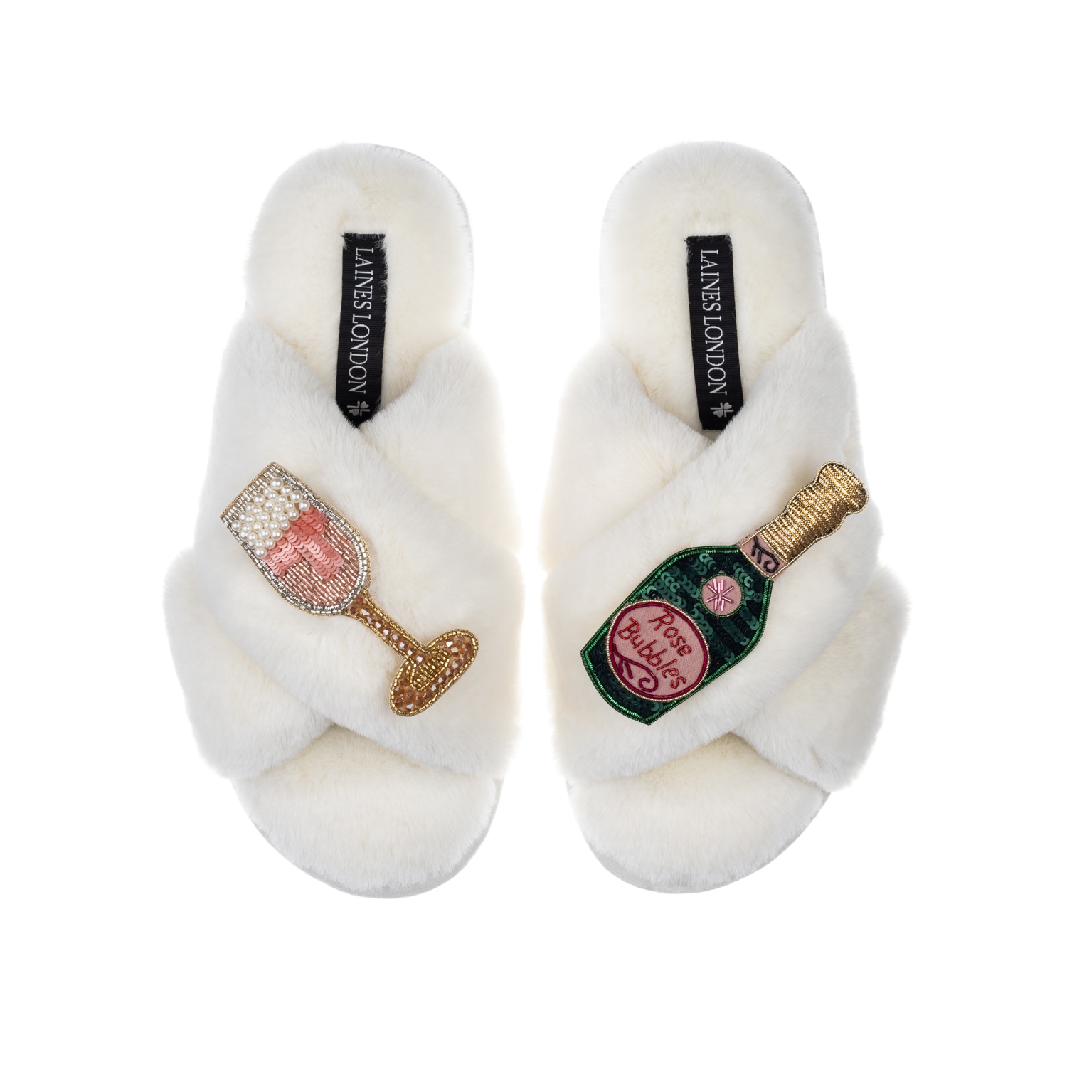 Laines London Women's White Classic Laines Slippers With Pink Champagne & Glass Brooches - Cream In White