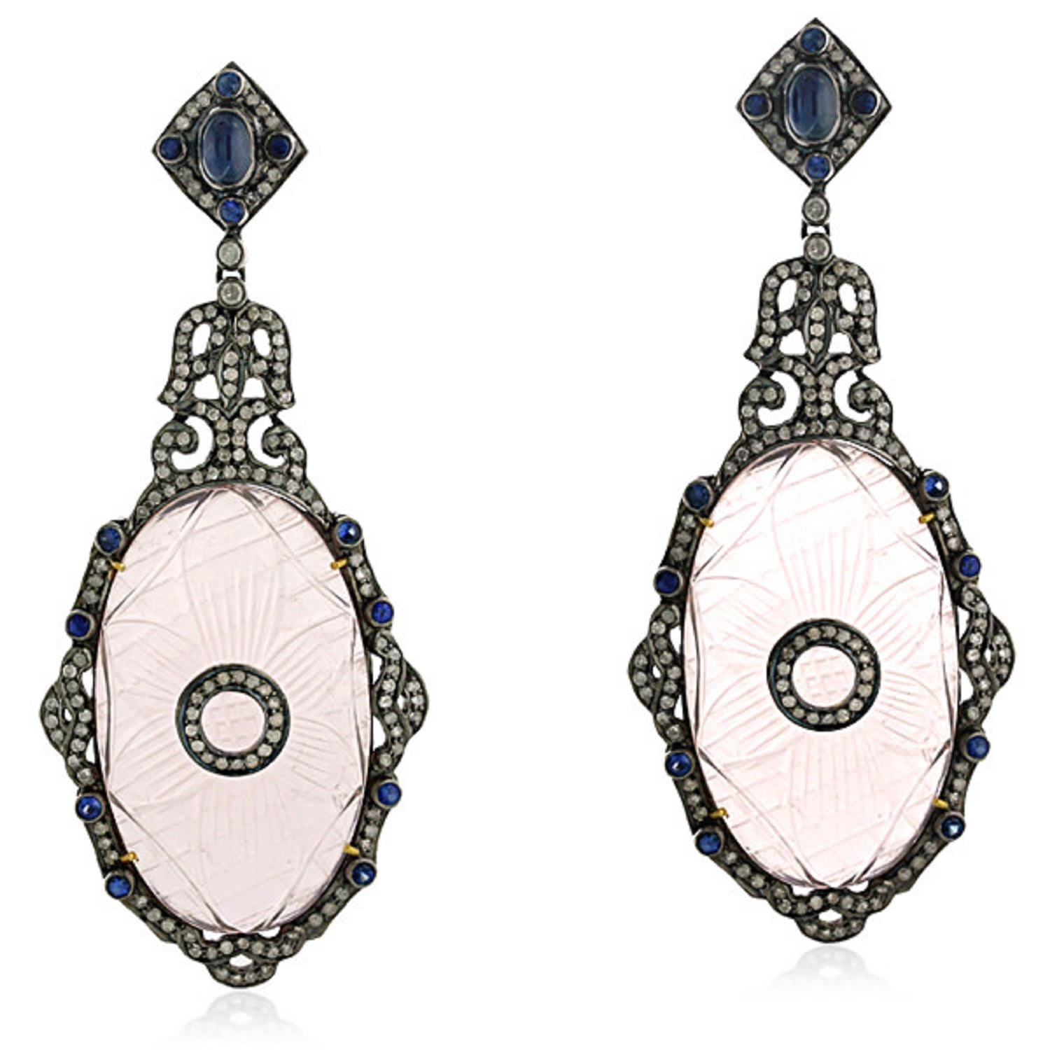 Women’s Blue / Gold / Silver Gemstone 18K Gold Pave Diamond 925 Sterling Silver Dangle Earrings Jewelry Artisan