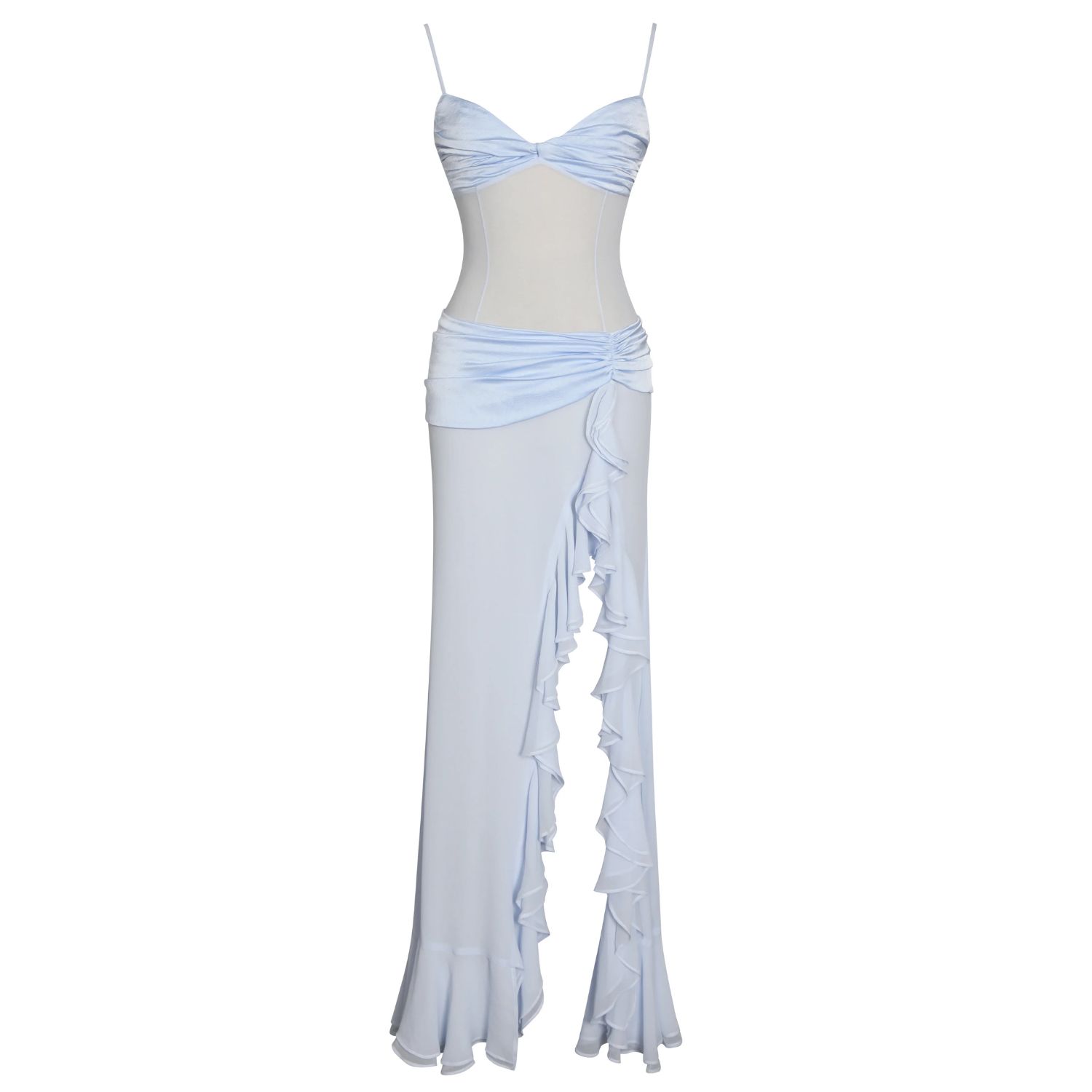 Miss Circle New York Women's Lacy Blue Ruched Breast High Slit Chiffon Dress In Blue