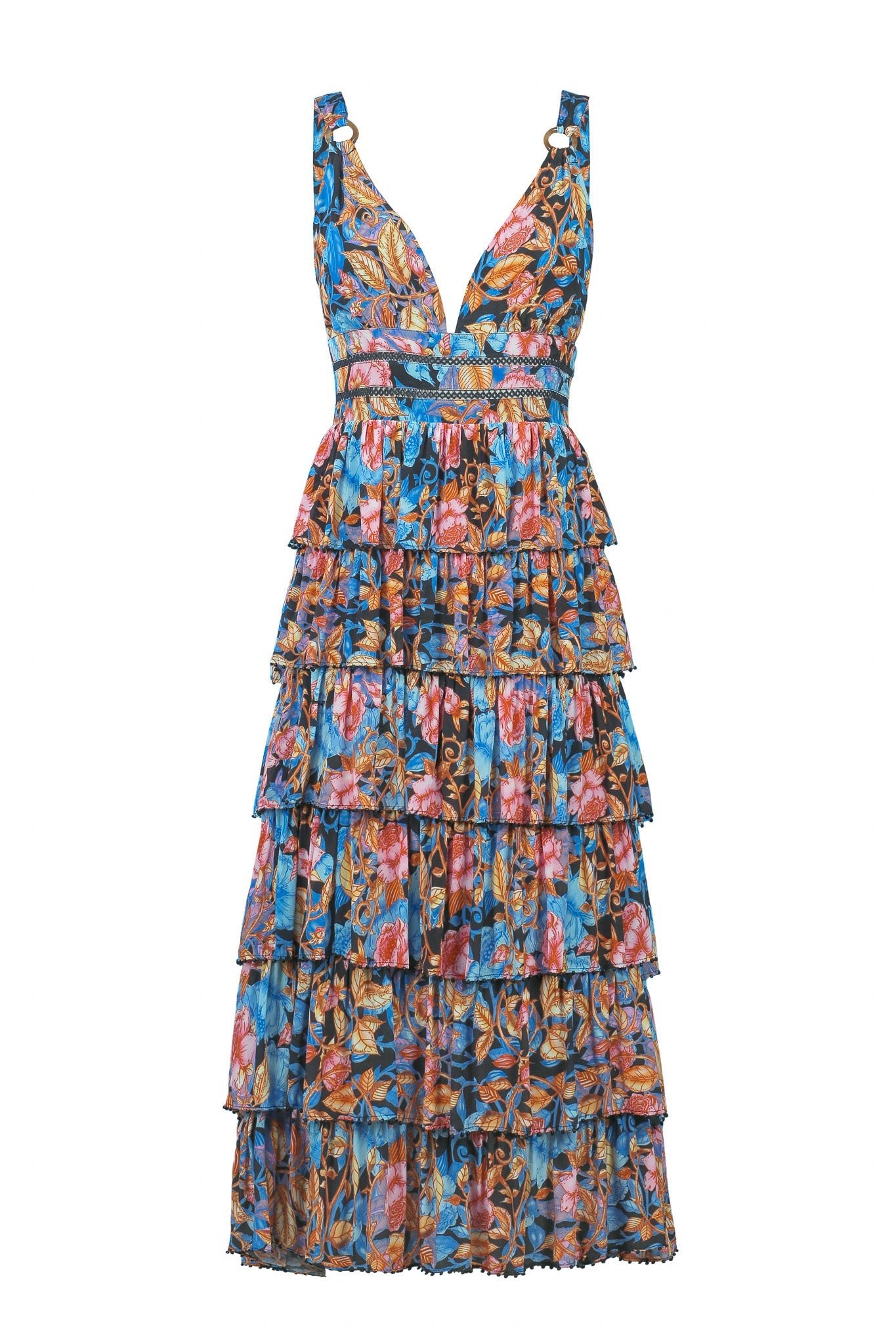 Lulu Zagame Women's Blue Bra Top Tiered Maxi Dress In Luminous Garden In Blue