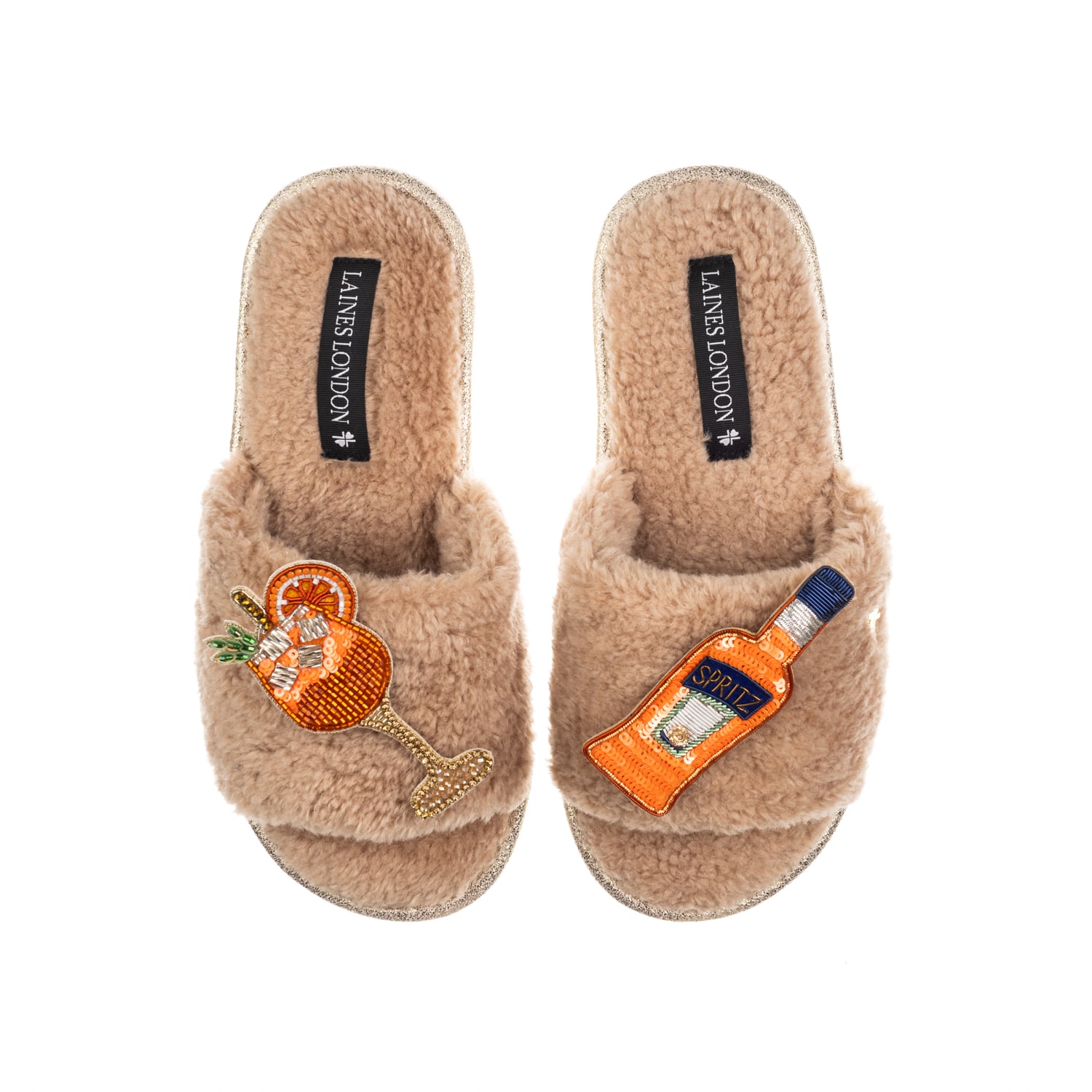 Laines London Women's Brown Teddy Towelling Slipper Sliders With Summer Spritzer Brooches - Toffee In Brown