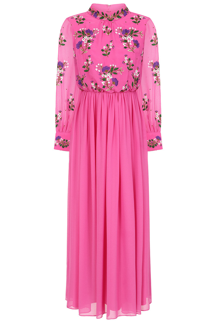 Frock And Frill Women's Pink / Purple Freya Pink Floral Embroidered Midaxi Dress In Pink/purple