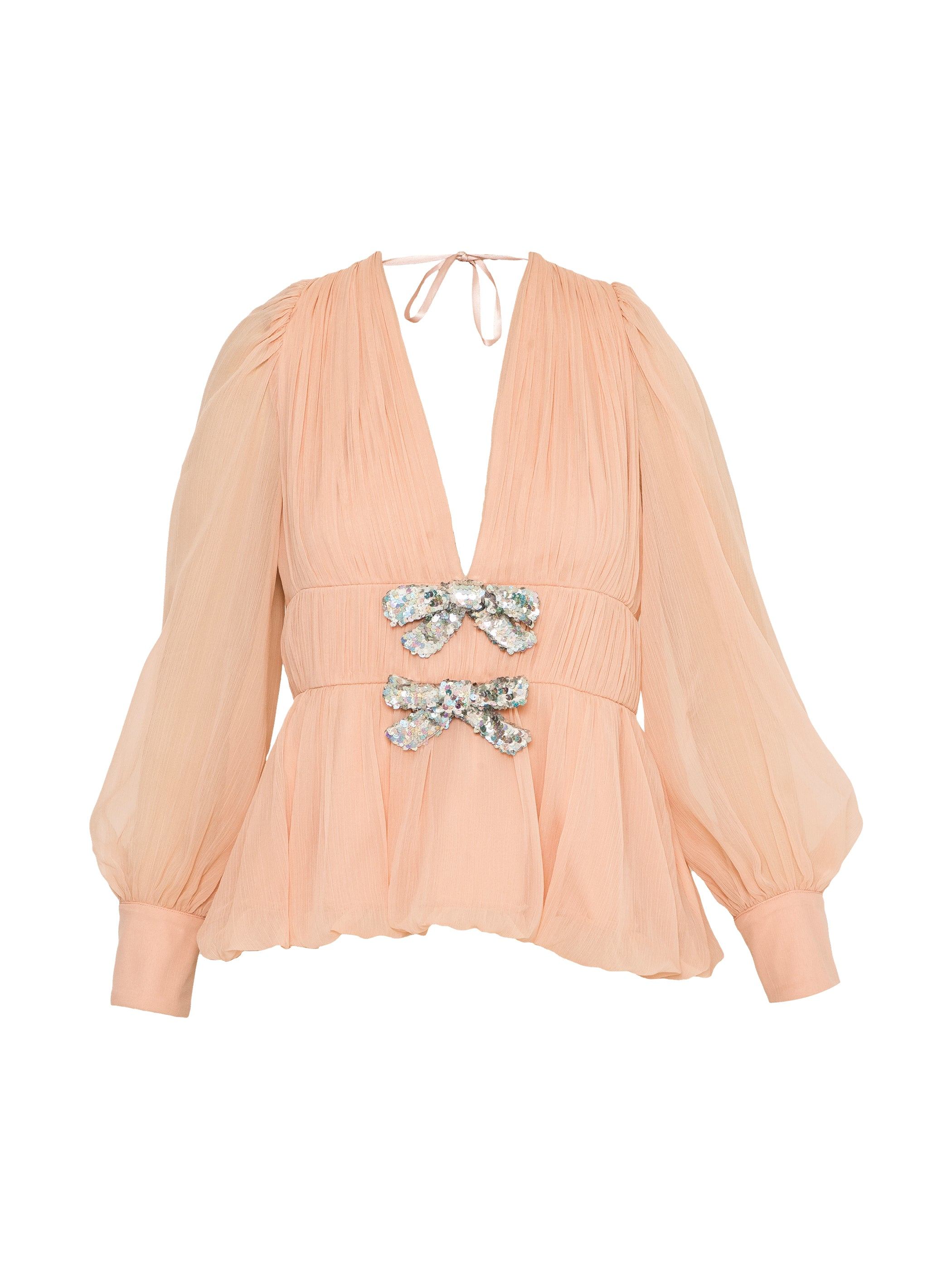 Rose & Nancy Women's Anais Pink Long Sleeve Bow Blouse In Brown