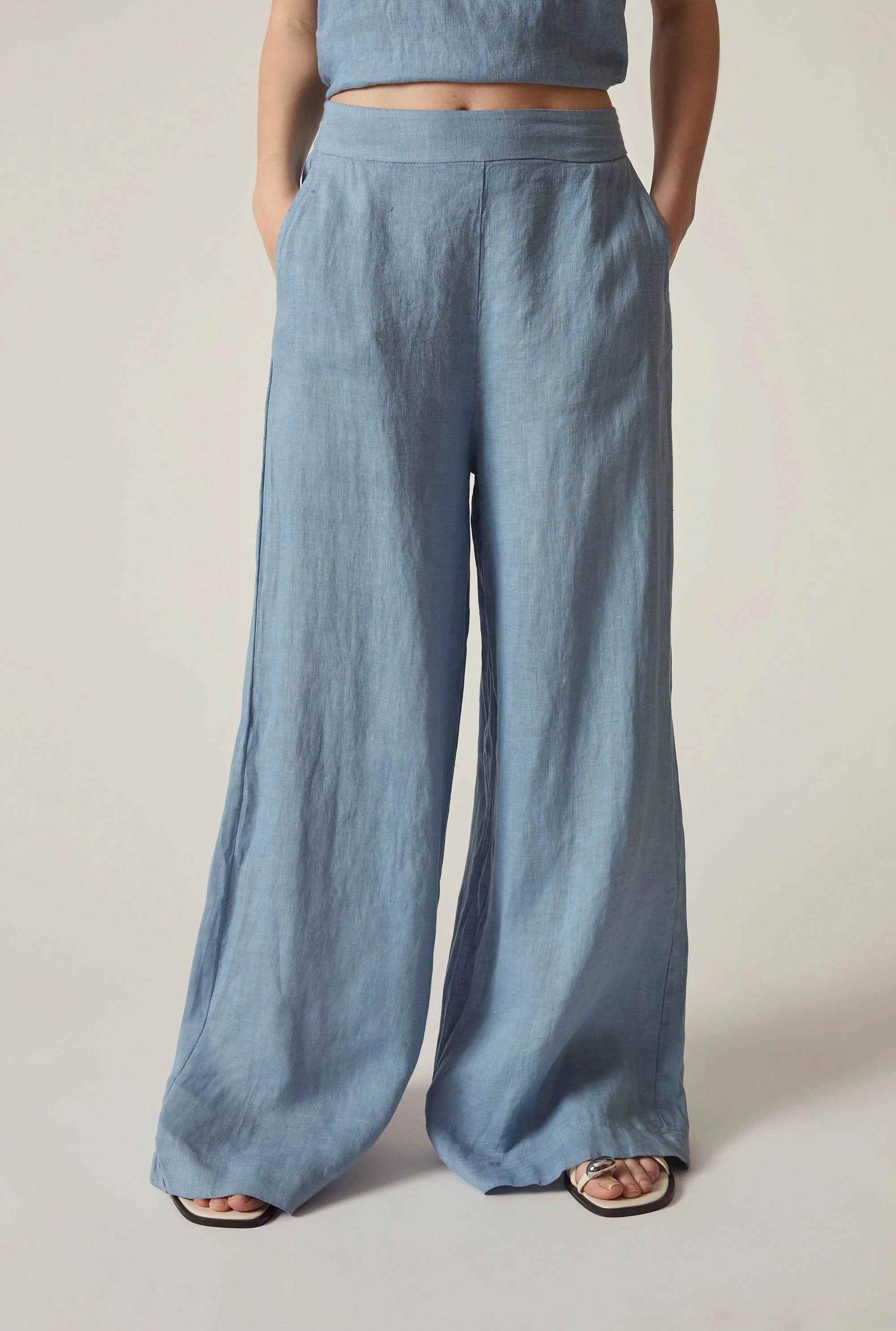 Denim Blue Linen Wide-Leg Trousers | James Lakeland | Wolf & Badger