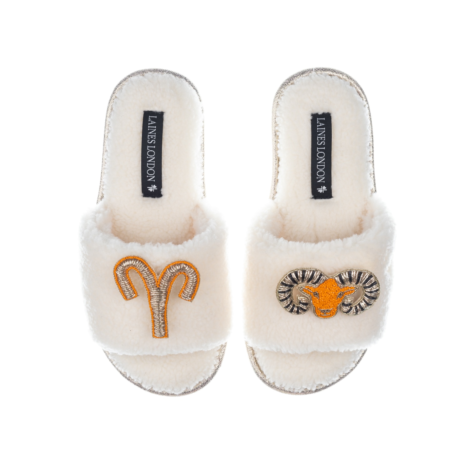 Laines London Women's White Teddy Towelling Slipper Sliders With Aries Zodiac Brooches - Cream
